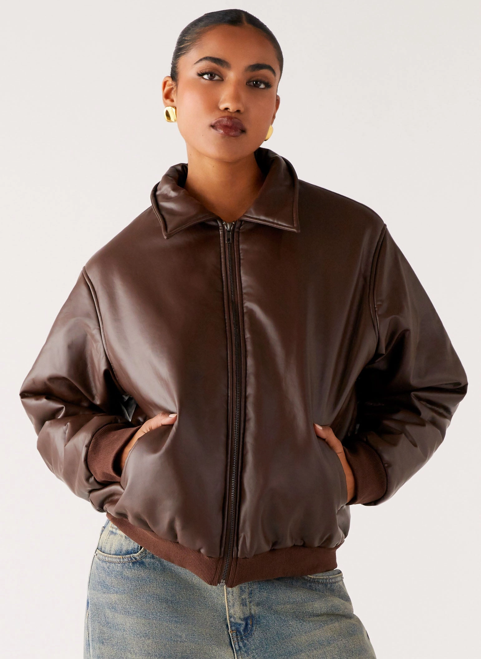 SnapFastenings Outlands Faux Leather Bomber Jacket - Chocolate
