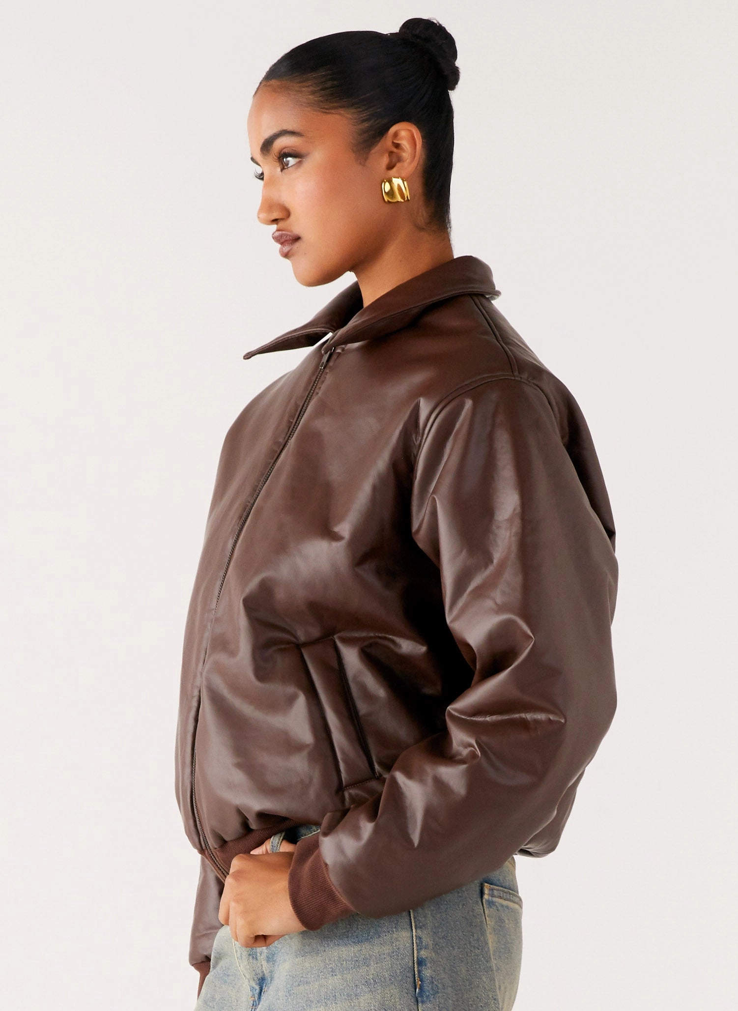 Double Layered Hood Outlands Faux Leather Bomber Jacket - Chocolate