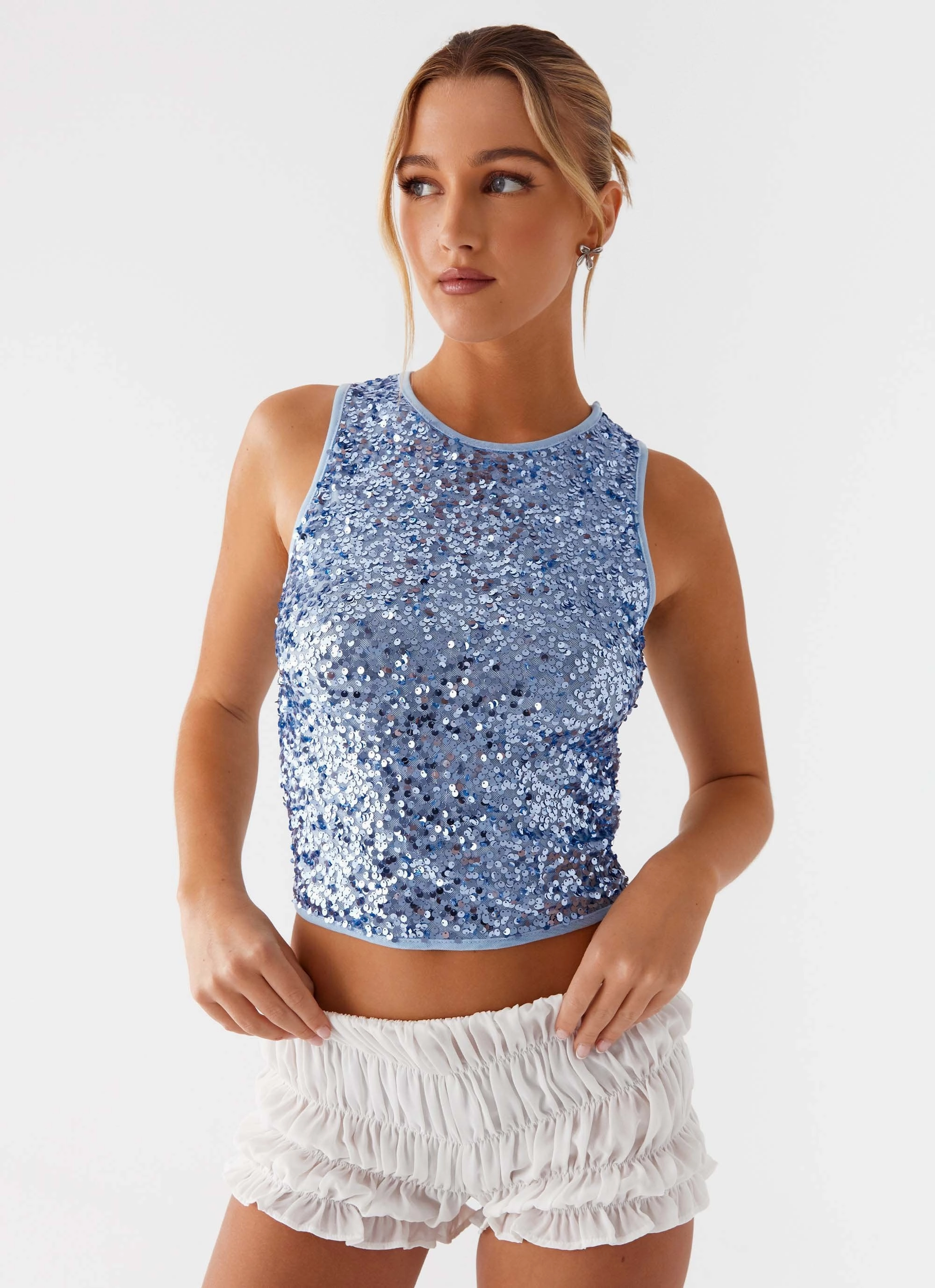After Midnight Sequin Racer Top - Blue MultiPocket Design Layered Sleeve