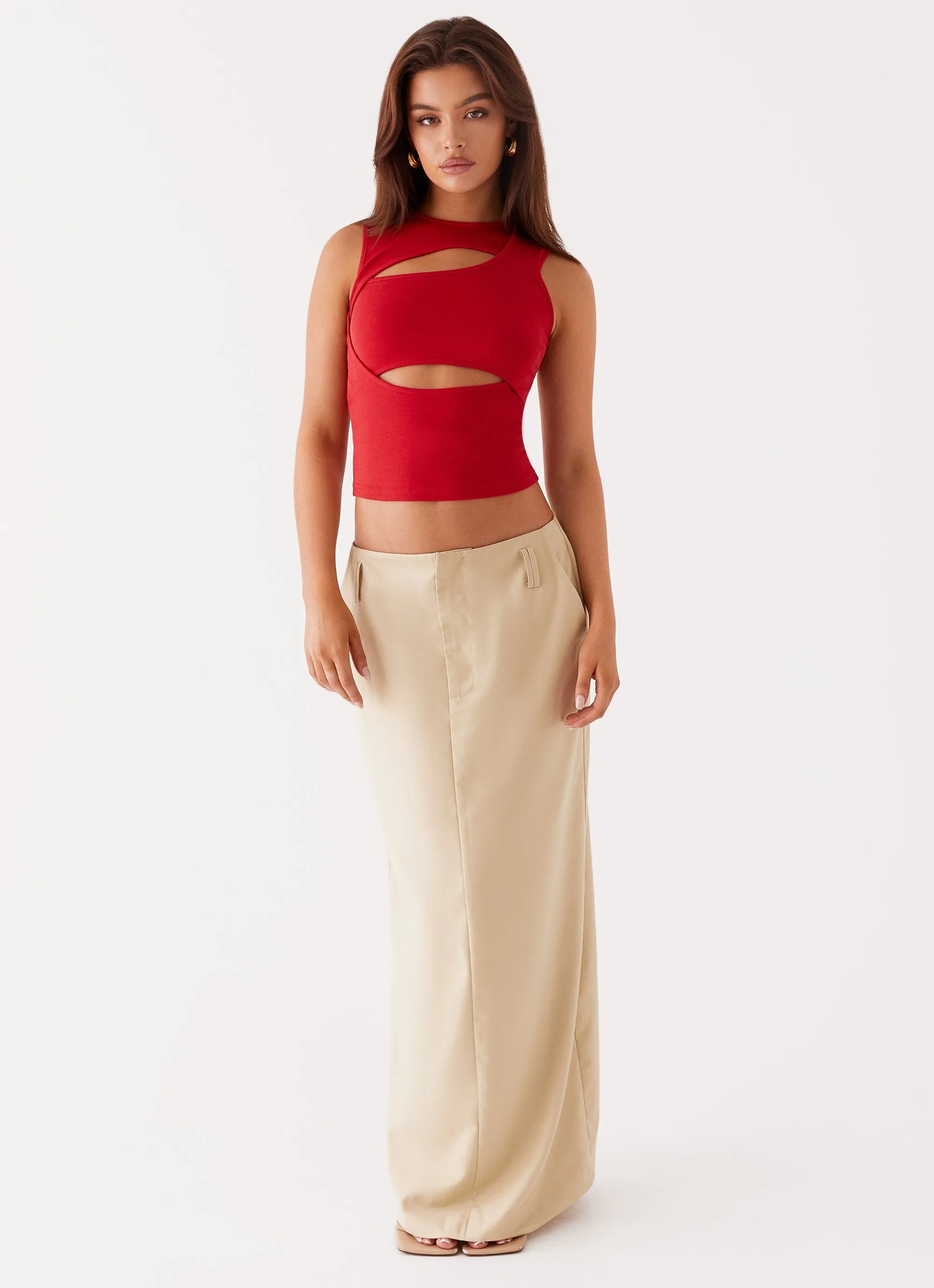 Beyond Cut Out Mesh Top - Red Casual Fit