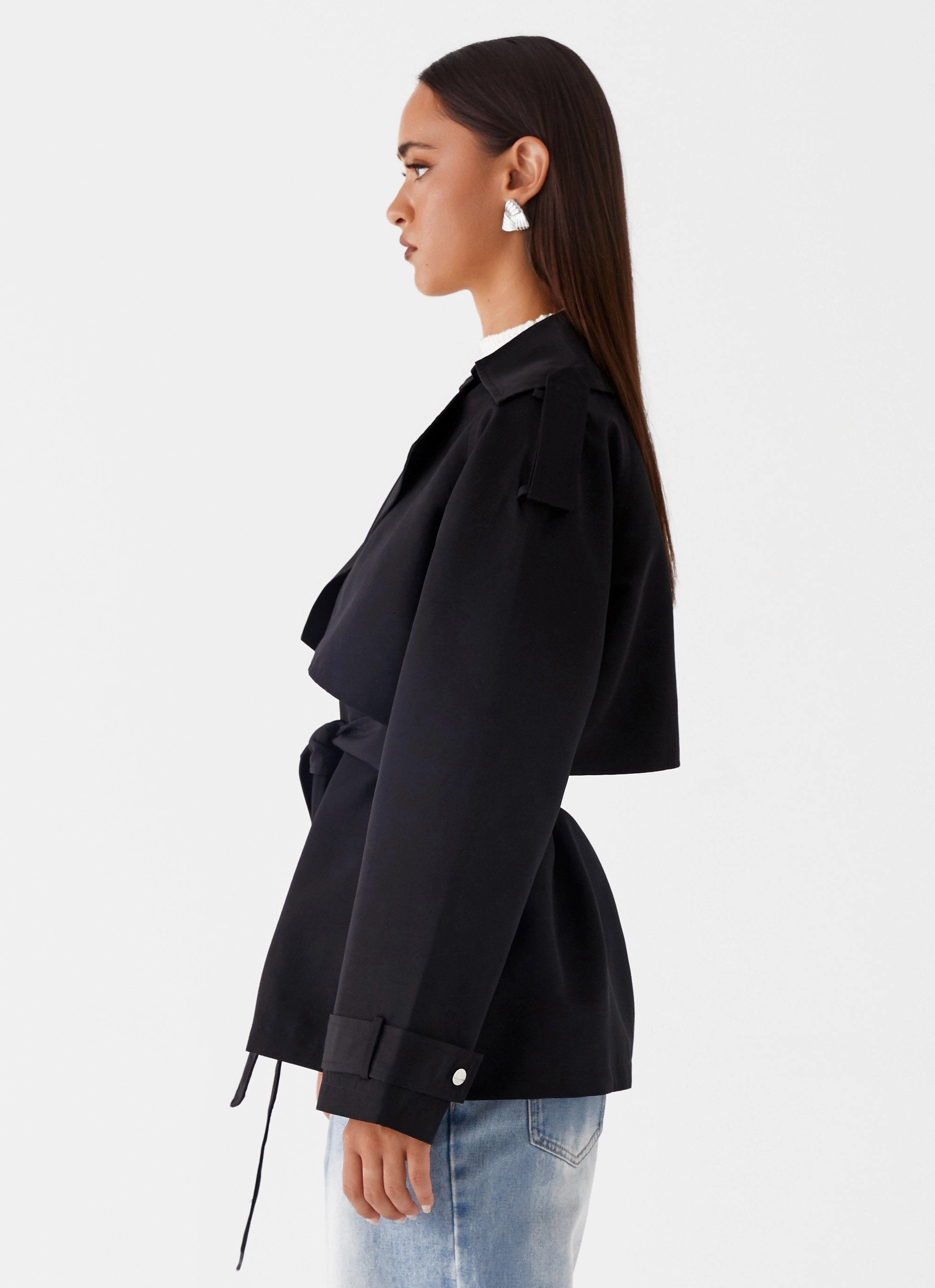 Ace Of Spades Cropped Trench Coat - Black Stand Collar Button Closure