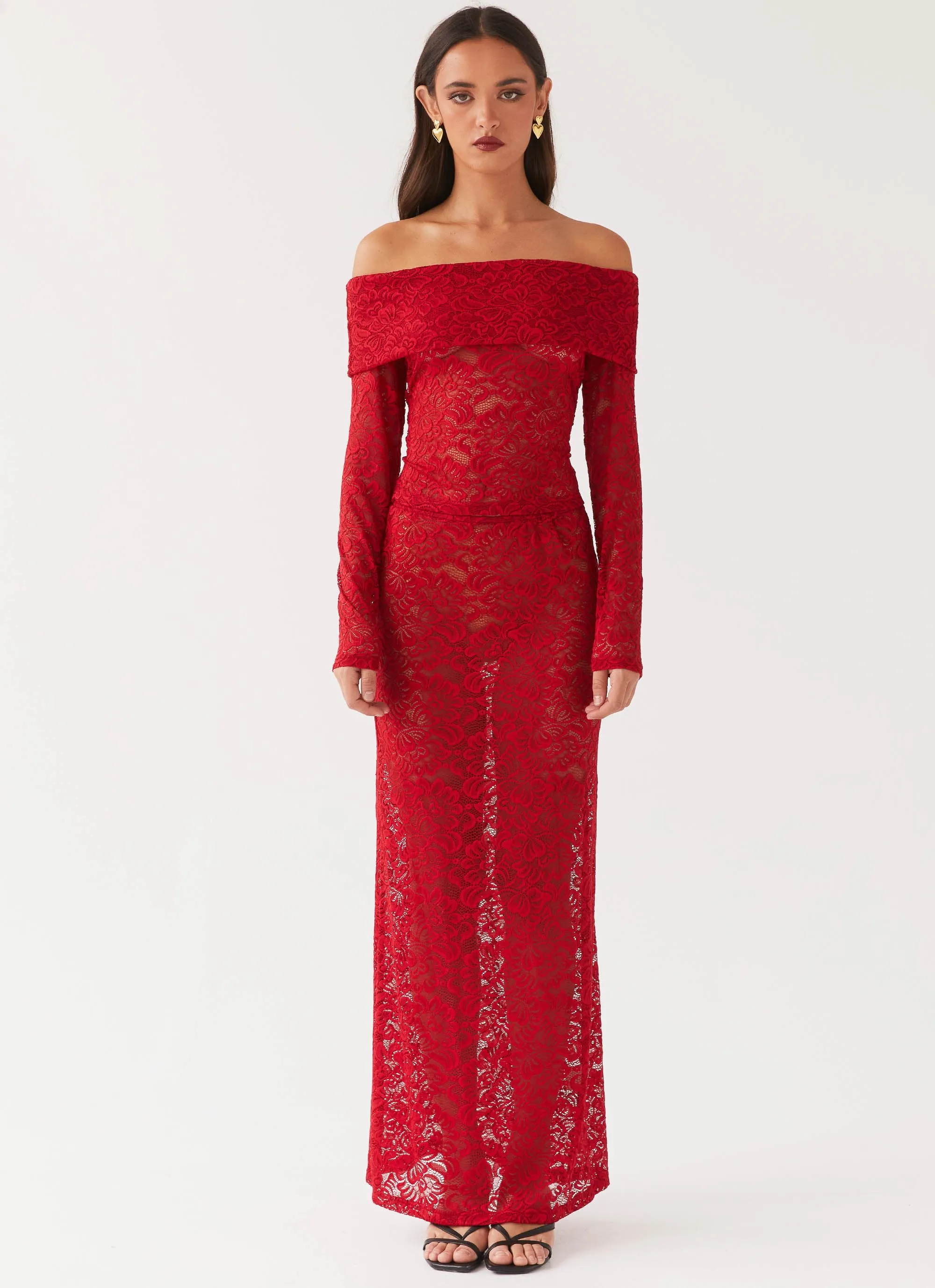 Zephyra Lace Maxi Skirt - Red Lightweight Tonal Look