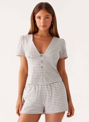 Adalina Button Up Top - Grey Check Mesh Panel Details Layered Shoulder
