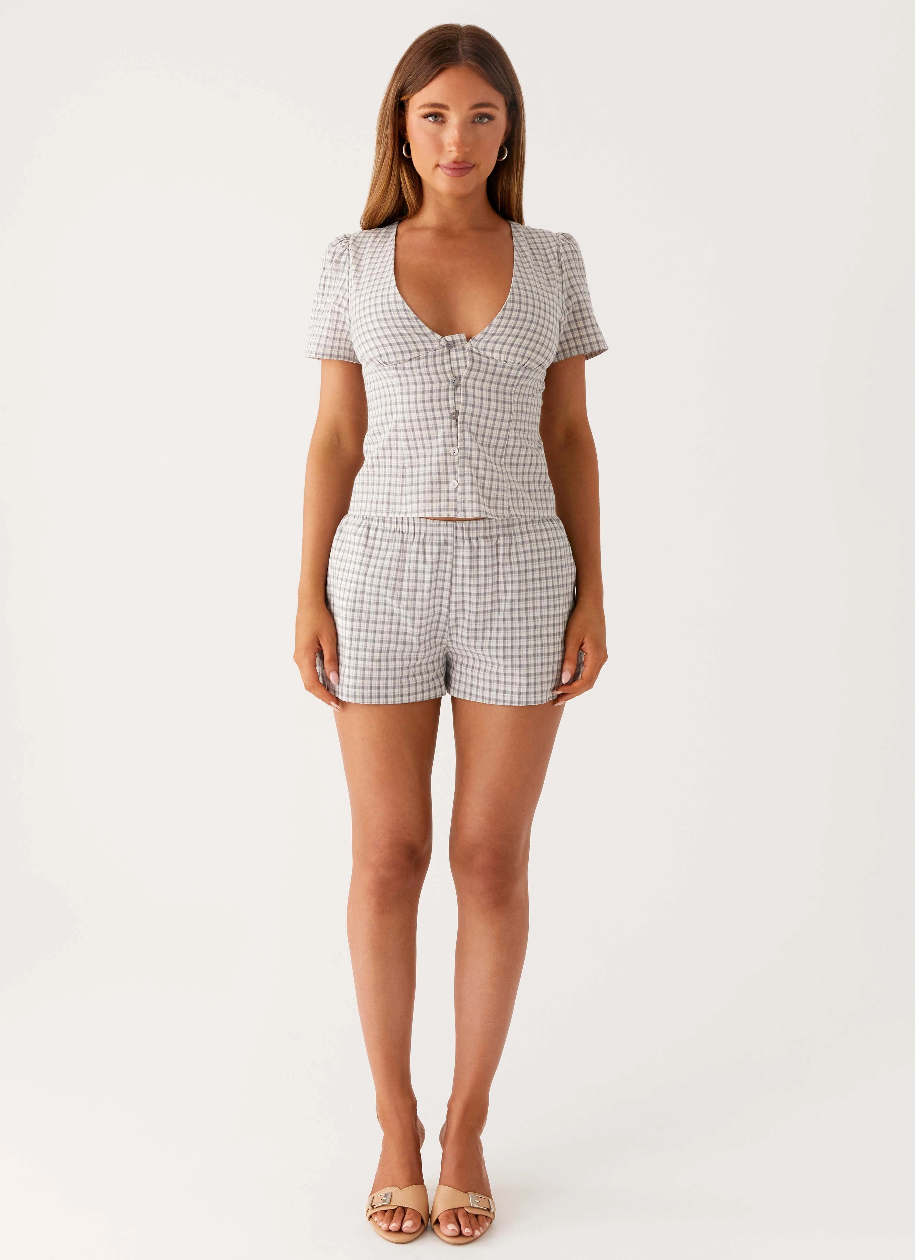 Tapered Side Panels Adalina Button Up Top - Grey Check