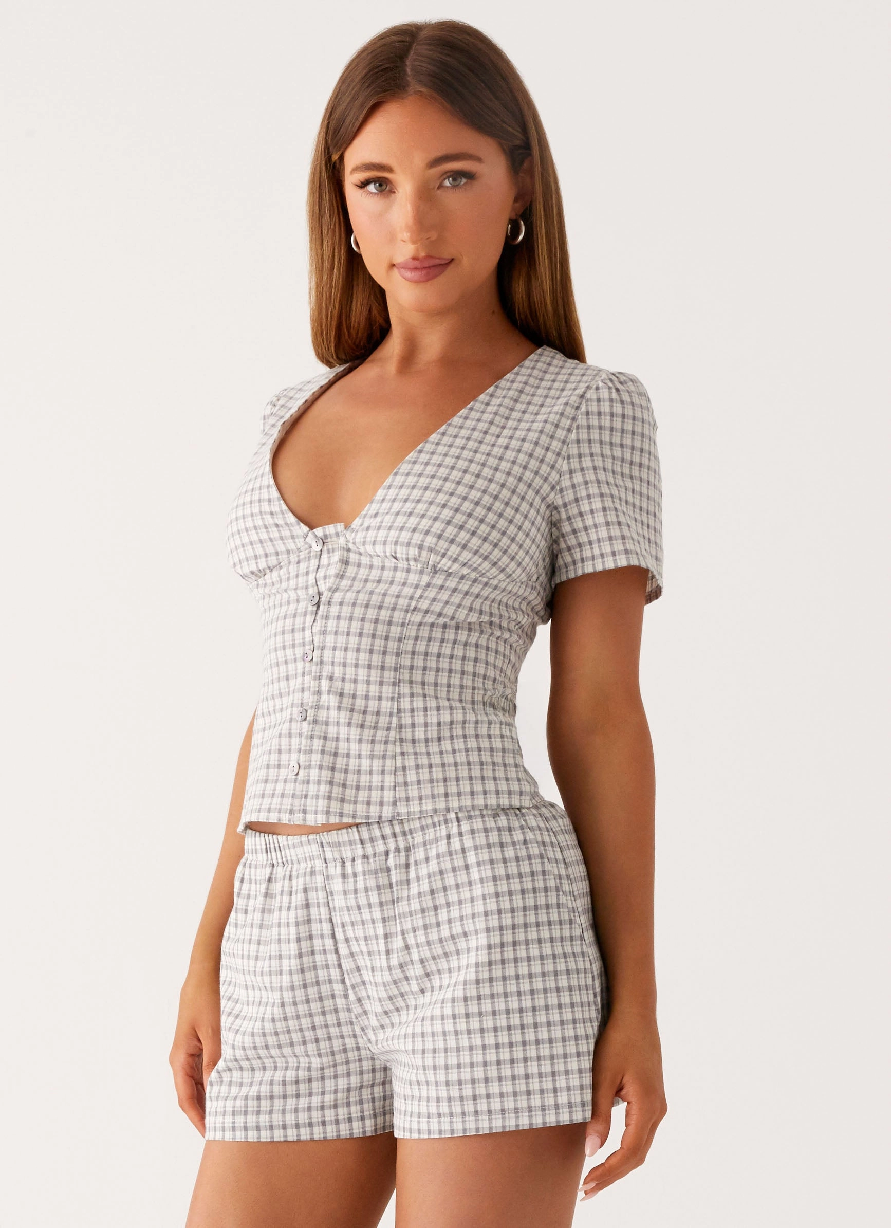 Adalina Button Up Top - Grey Check Ultra Soft Handfeel Fitted Design