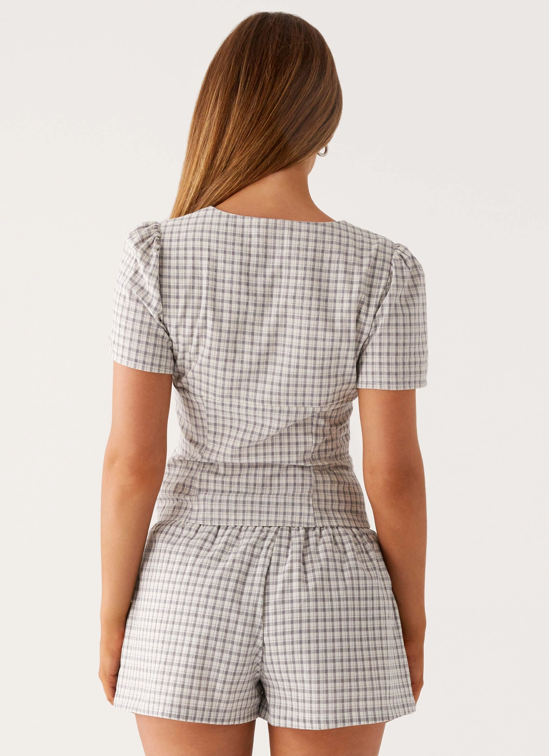 Adalina Shorts - Grey Check High Collar Style Mesh Ventilation Panels