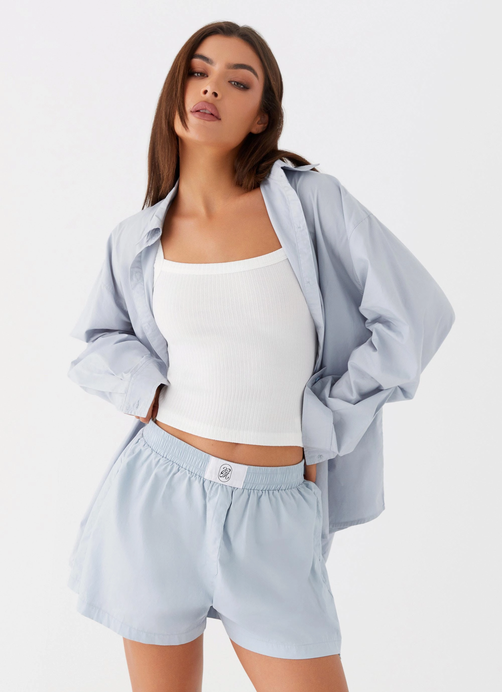 Emelda Long Sleeve Shirt - Blue Casual Fit Silhouette Belted Style