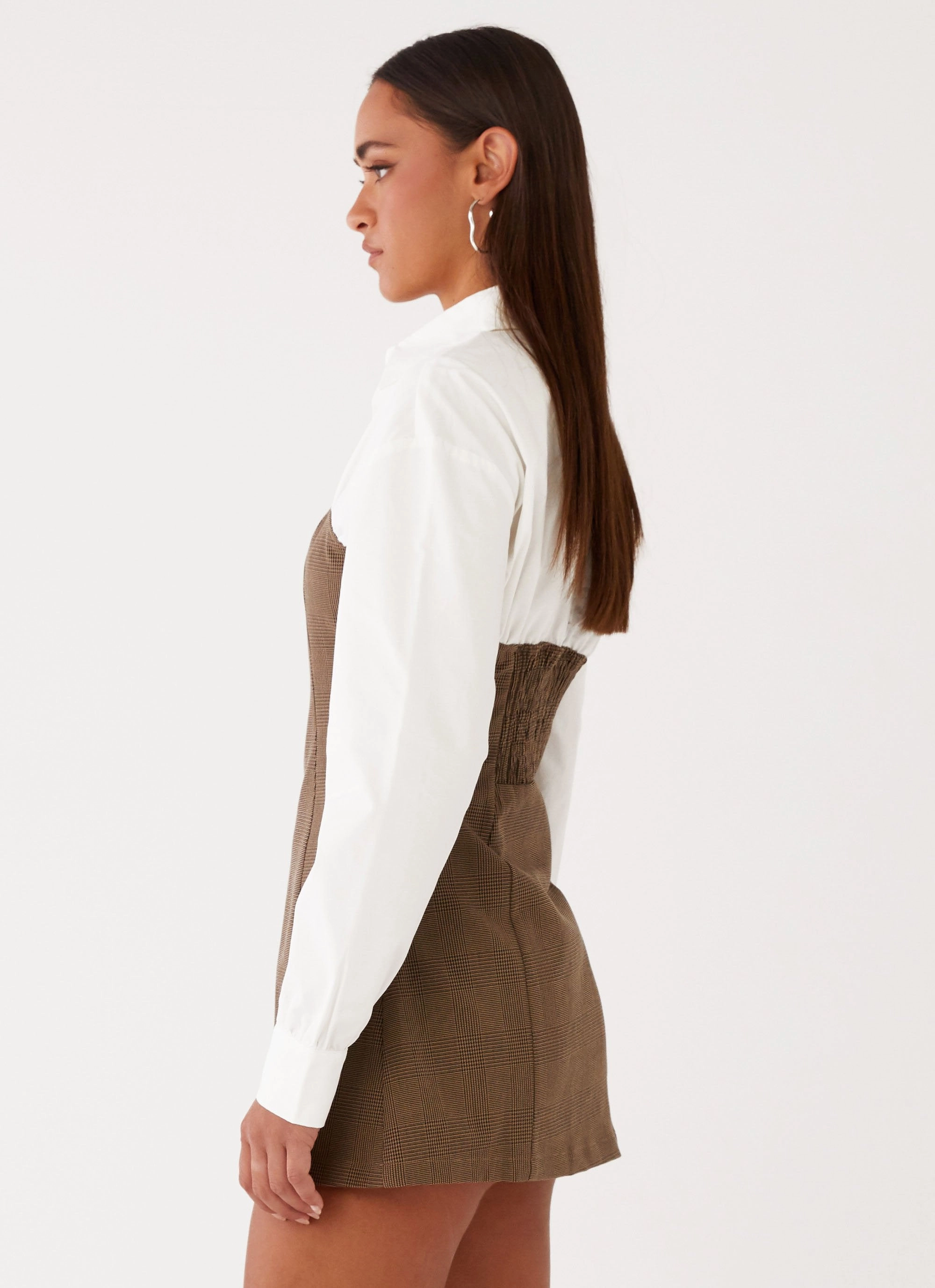 Adelaide Shirt Mini Dress - Brown Boat-Neck