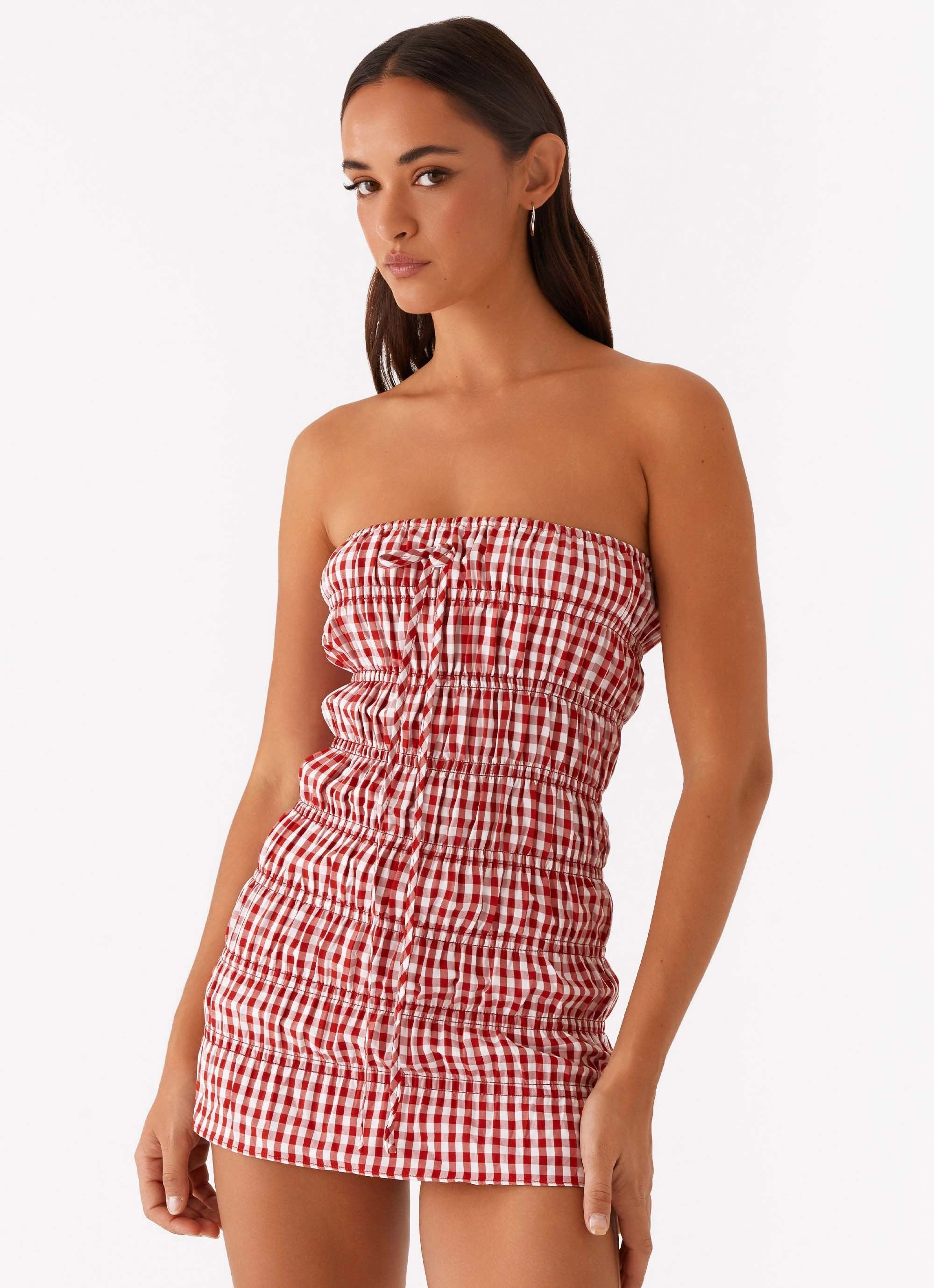 Saturated Hue Side Ruching Adele Mini Dress - Red Gingham