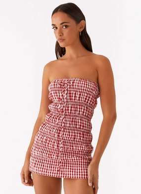 Saturated Hue Side Ruching Adele Mini Dress - Red Gingham