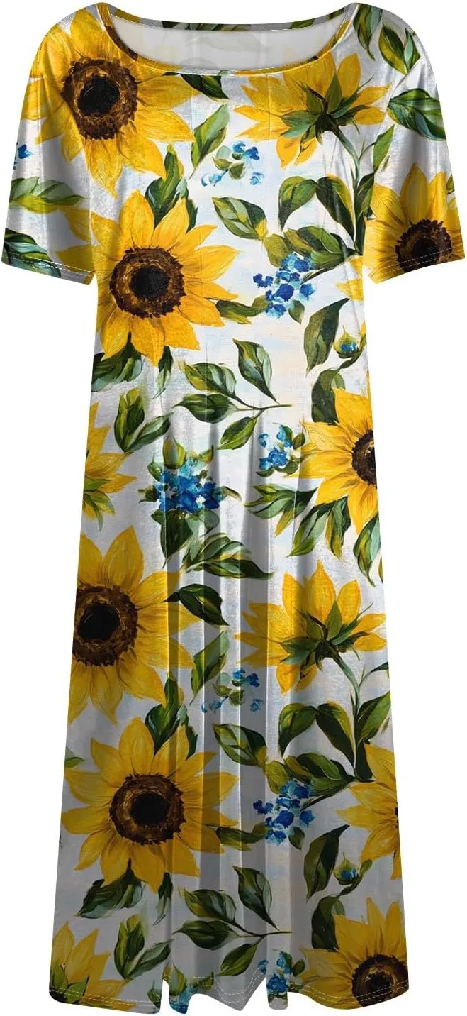 ADHOWBEW Plus Size Dresses for Women Cute Trendy Hawaiian Sexy Loose Fit Beach Casual Comfy O Neck Short Sleeve Dresses
