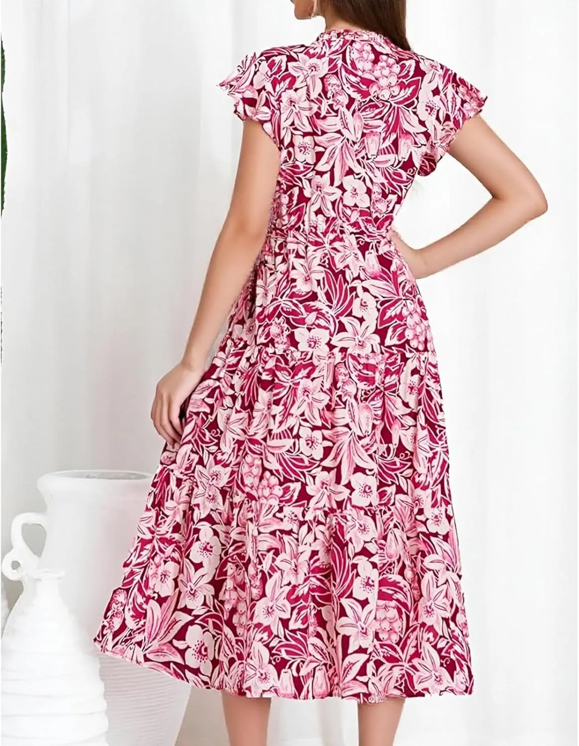 ADHOWBEW Womens Casual Summer Dresses Short Sleeve Waist Tie Smocked Floral Print Dress