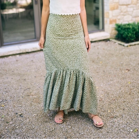 MASON'S DAUGHTER | Blythe Skirt, Olive Green & Ivory Printed Poplin Breathable Mesh Panels