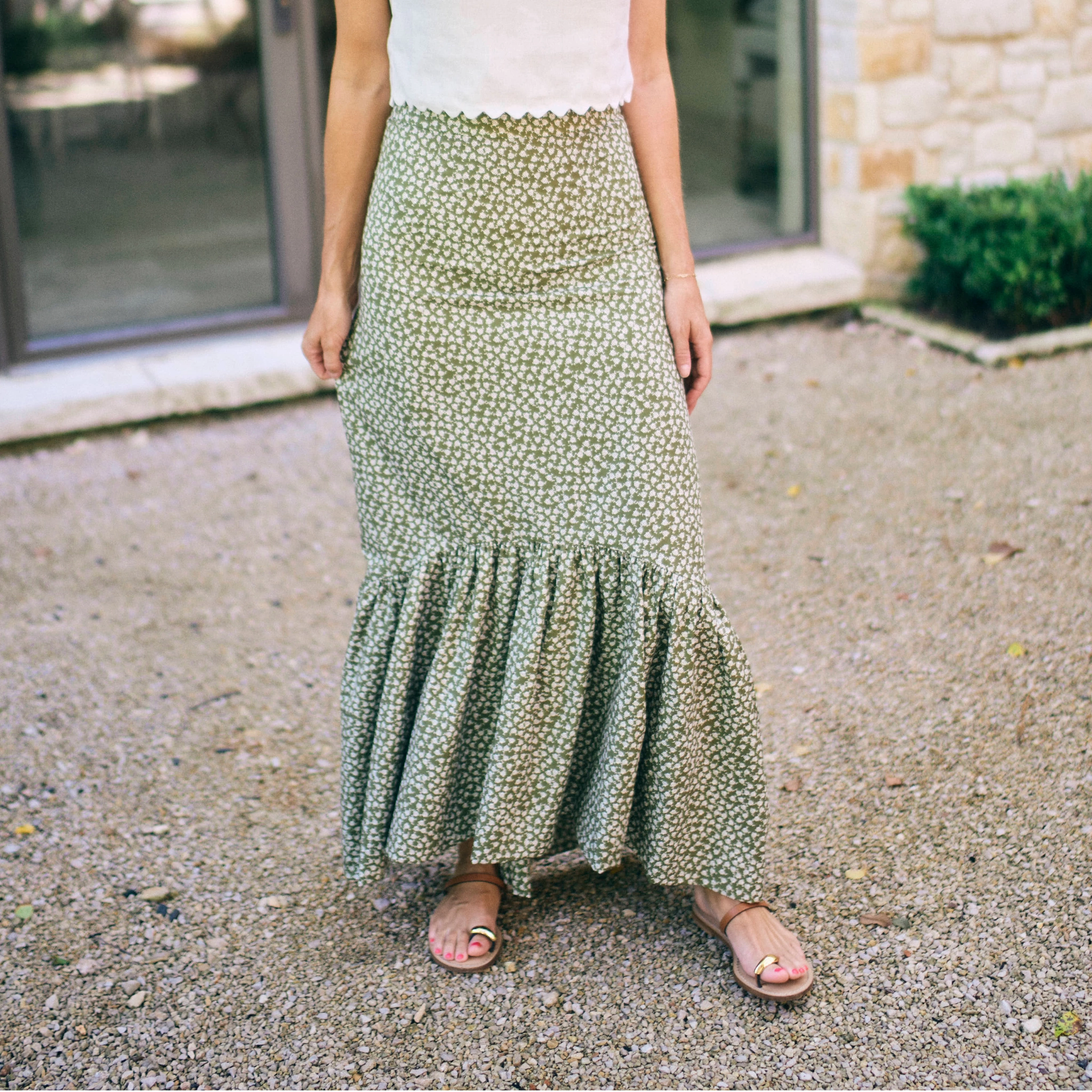 MASON'S DAUGHTER | Blythe Skirt, Olive Green & Ivory Printed Poplin Breathable Mesh Panels
