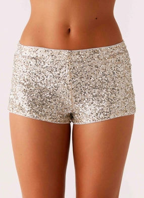 Maelis Low Rise Sequin Mini Shorts - Silver Bonded Hemline Clean Minimal Look