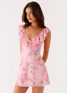 Adrina Ruffle Mini Dress - Pink Floral Print Chic Outfit Adrina Ruffle Mini Dress - Pink Floral Print Fresh Appeal Casual-Look