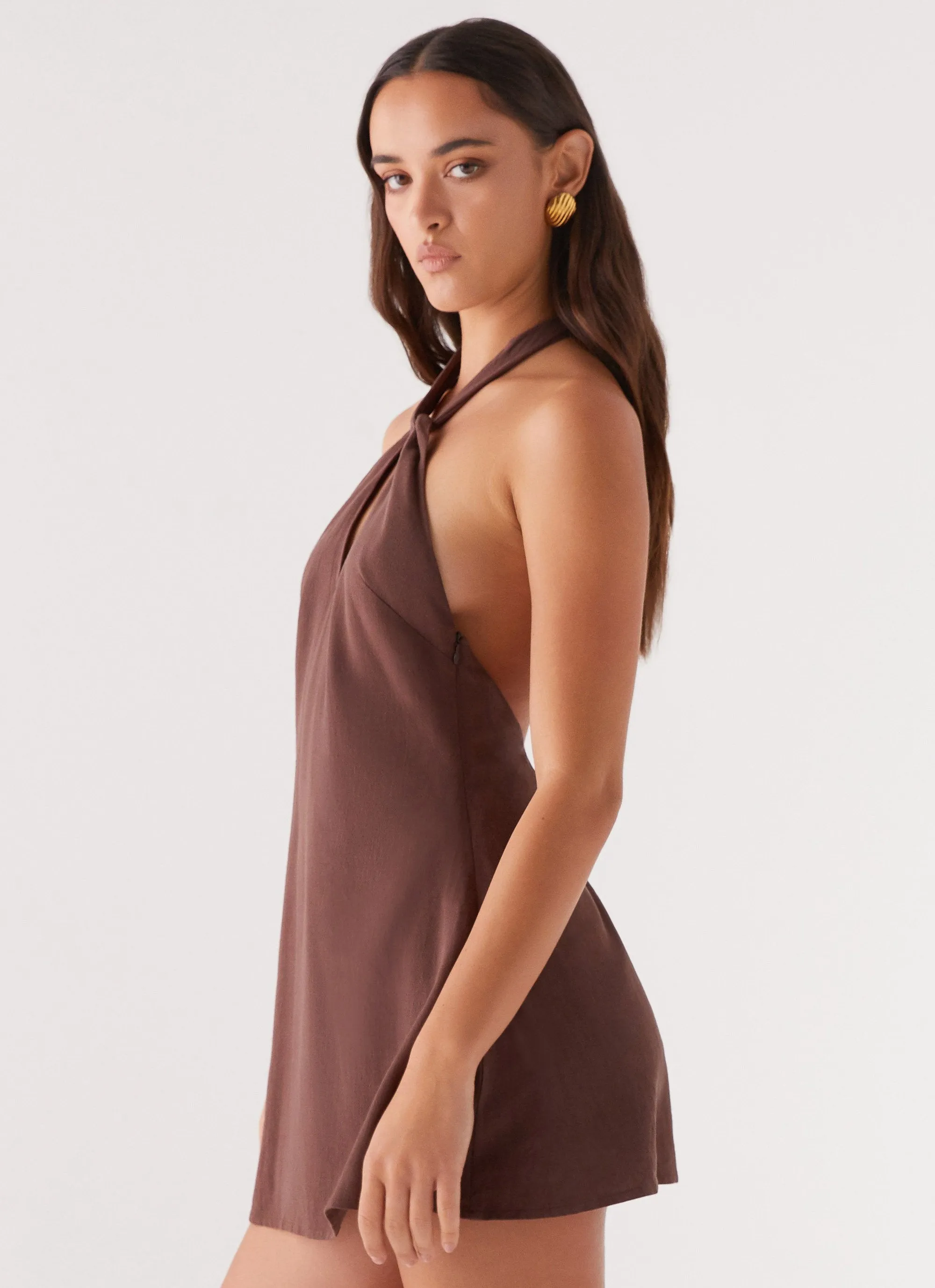 Counting Stars Linen Halterneck Dress - Chocolate Smooth Seam Finish Multi Layer Stitching