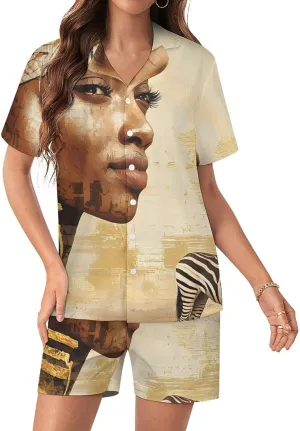 African Woman Zebras Satin Pajamas For Women Set Botton Down Short Sleeves Silk Sleepwear