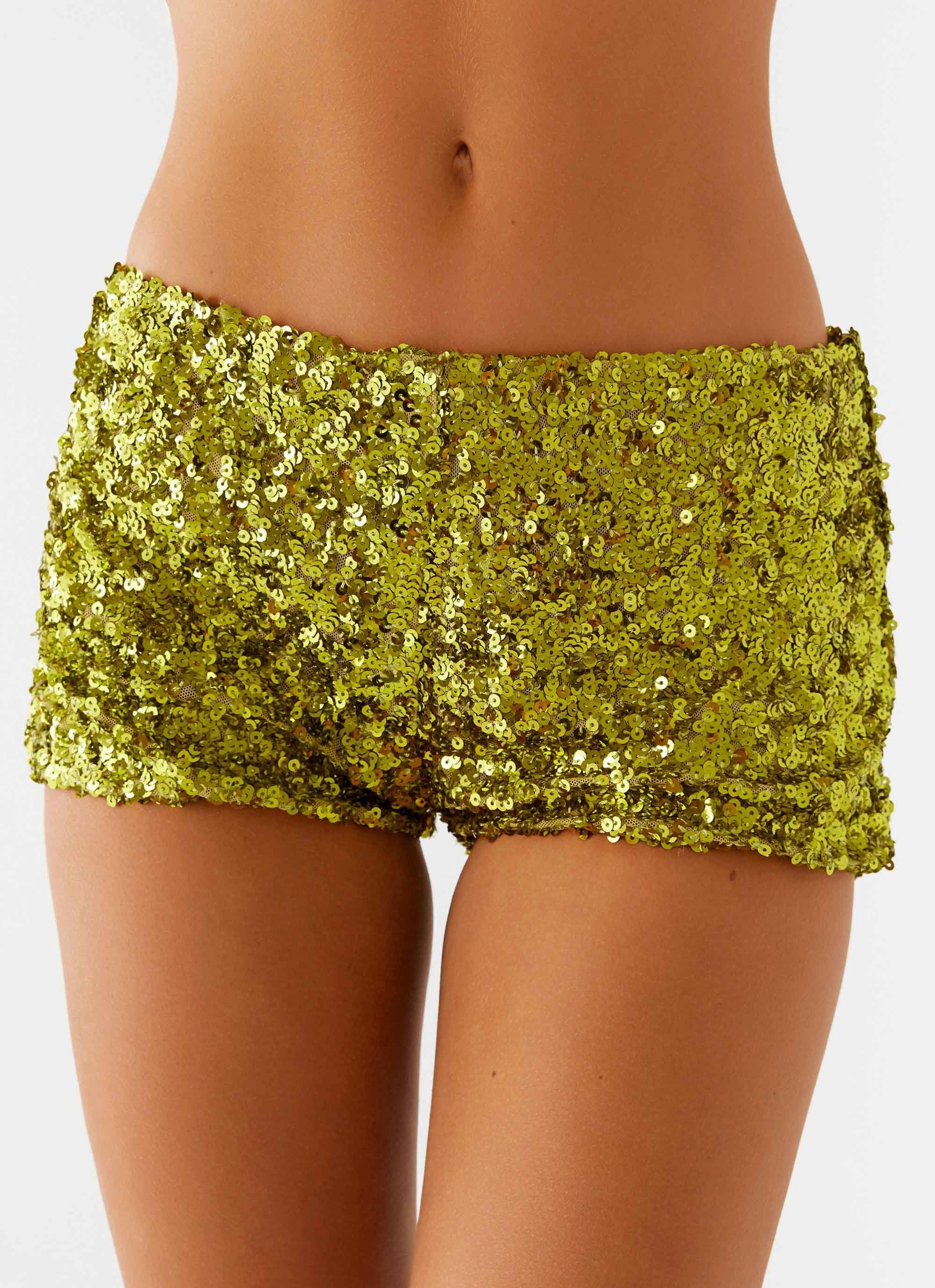 After Midnight Low Rise Sequin Mini Shorts - Olive Bonded Seam Technology Rugged Wear