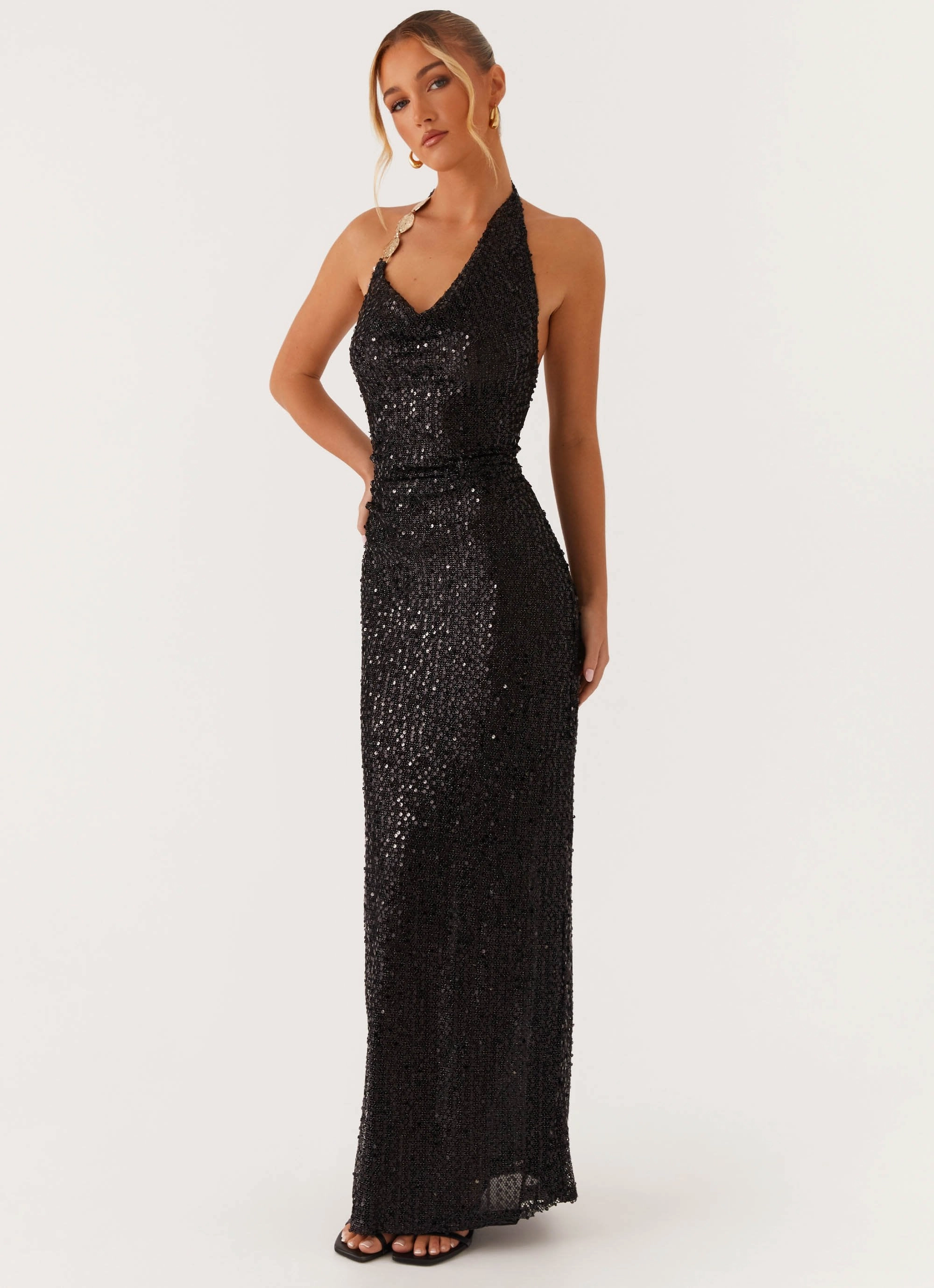 Eco Friendly Stylish Line After Tonight Sequin Cowl Neck Maxi Dress - Black