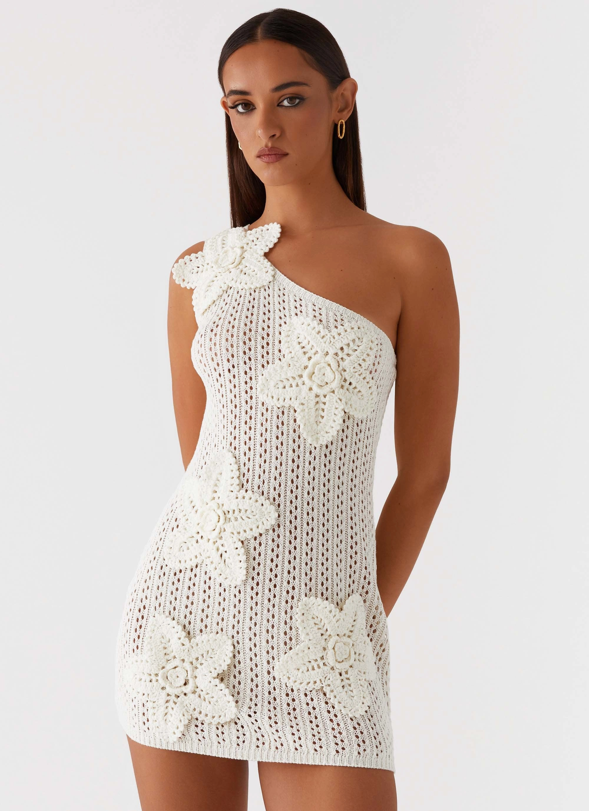 Afterglow One Shoulder Crochet Mini Dress - Ivory Back Detail