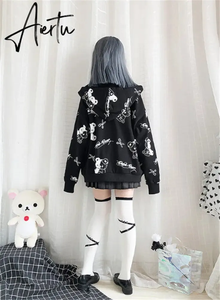 Aiertu Thin Black Cartoon Bear Hoodie Streetwear Hip Hop Women Gothic Sweatshirts Casual Autumn High Street Hoodies Funny Harajuku Tops