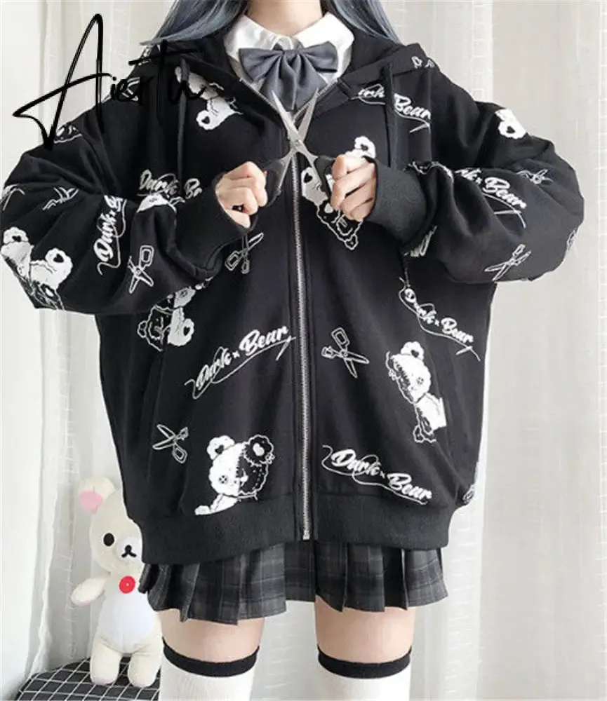 Aiertu Thin Black Cartoon Bear Hoodie Streetwear Hip Hop Women Gothic Sweatshirts Casual Autumn High Street Hoodies Funny Harajuku Tops