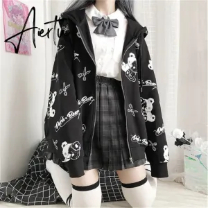 Aiertu Thin Black Cartoon Bear Hoodie Streetwear Hip Hop Women Gothic Sweatshirts Casual Autumn High Street Hoodies Funny Harajuku Tops