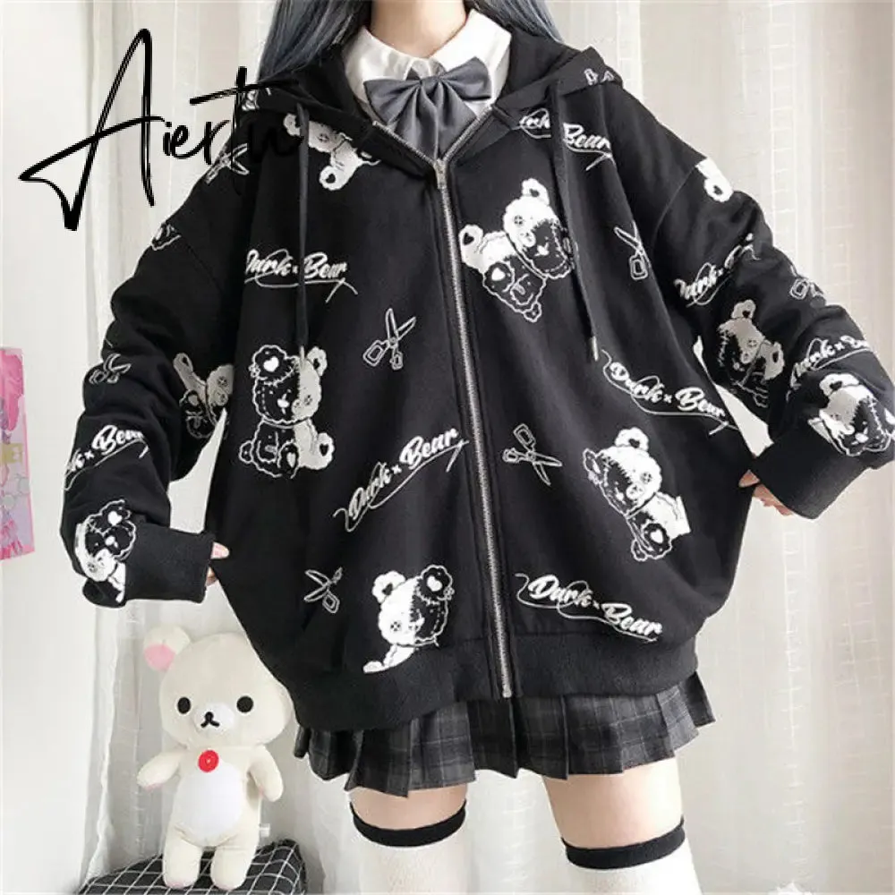 Aiertu Thin Black Cartoon Bear Hoodie Streetwear Hip Hop Women Gothic Sweatshirts Casual Autumn High Street Hoodies Funny Harajuku Tops