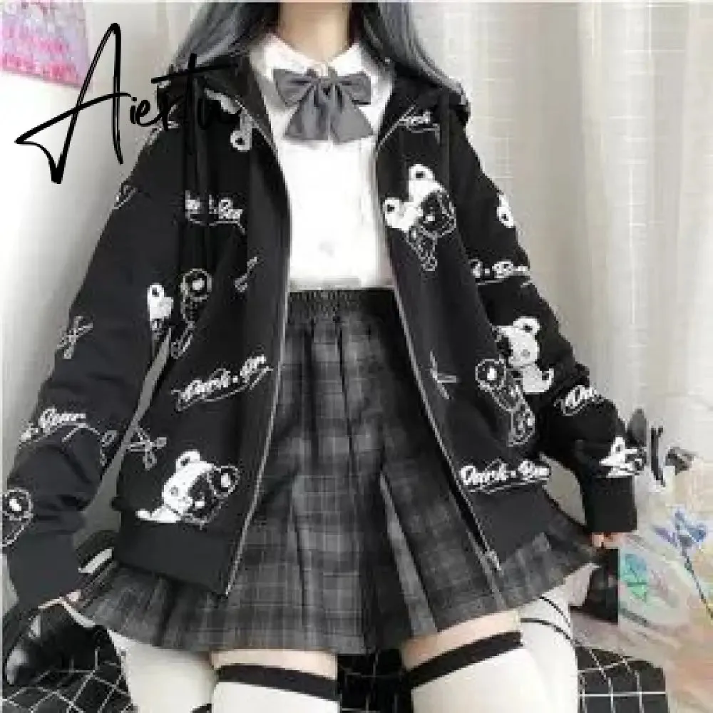 Aiertu Thin Black Cartoon Bear Hoodie Streetwear Hip Hop Women Gothic Sweatshirts Casual Autumn High Street Hoodies Funny Harajuku Tops