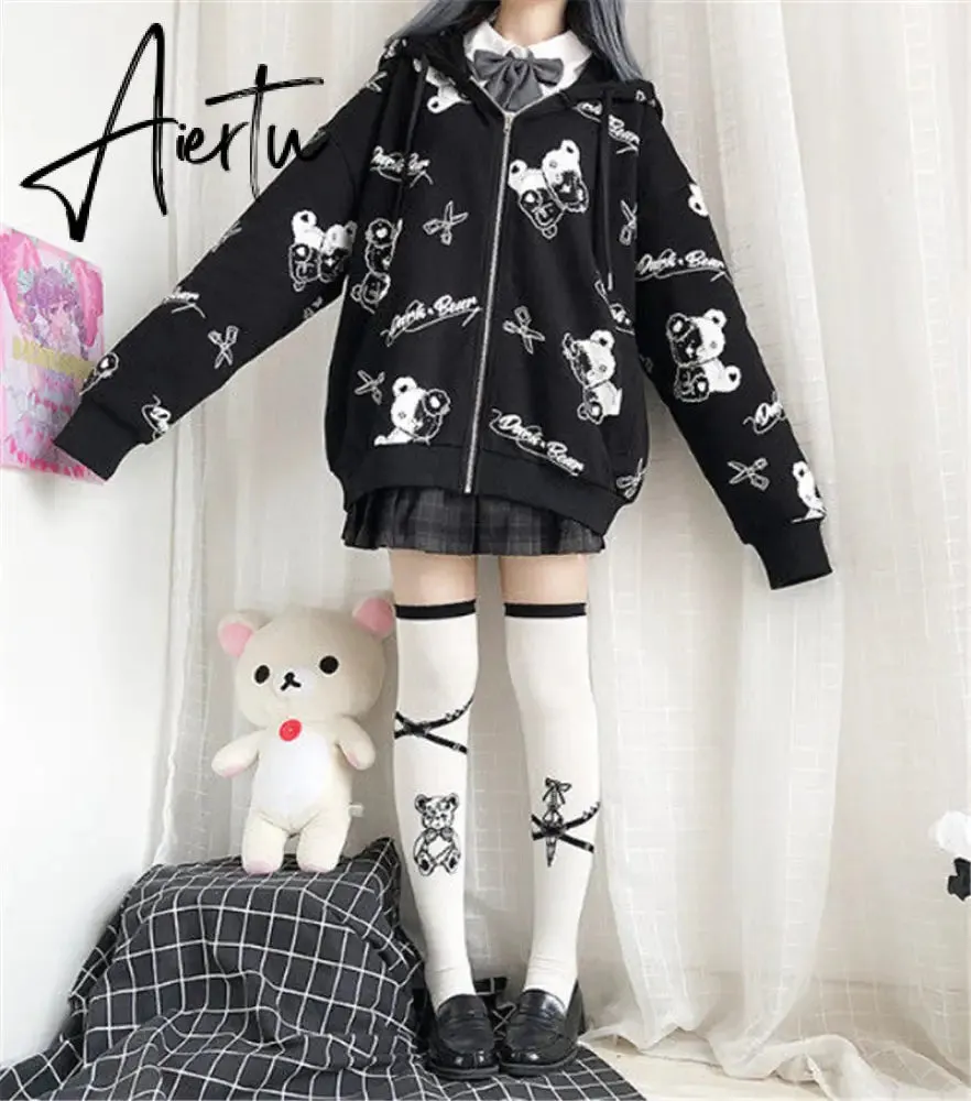 Aiertu Thin Black Cartoon Bear Hoodie Streetwear Hip Hop Women Gothic Sweatshirts Casual Autumn High Street Hoodies Funny Harajuku Tops