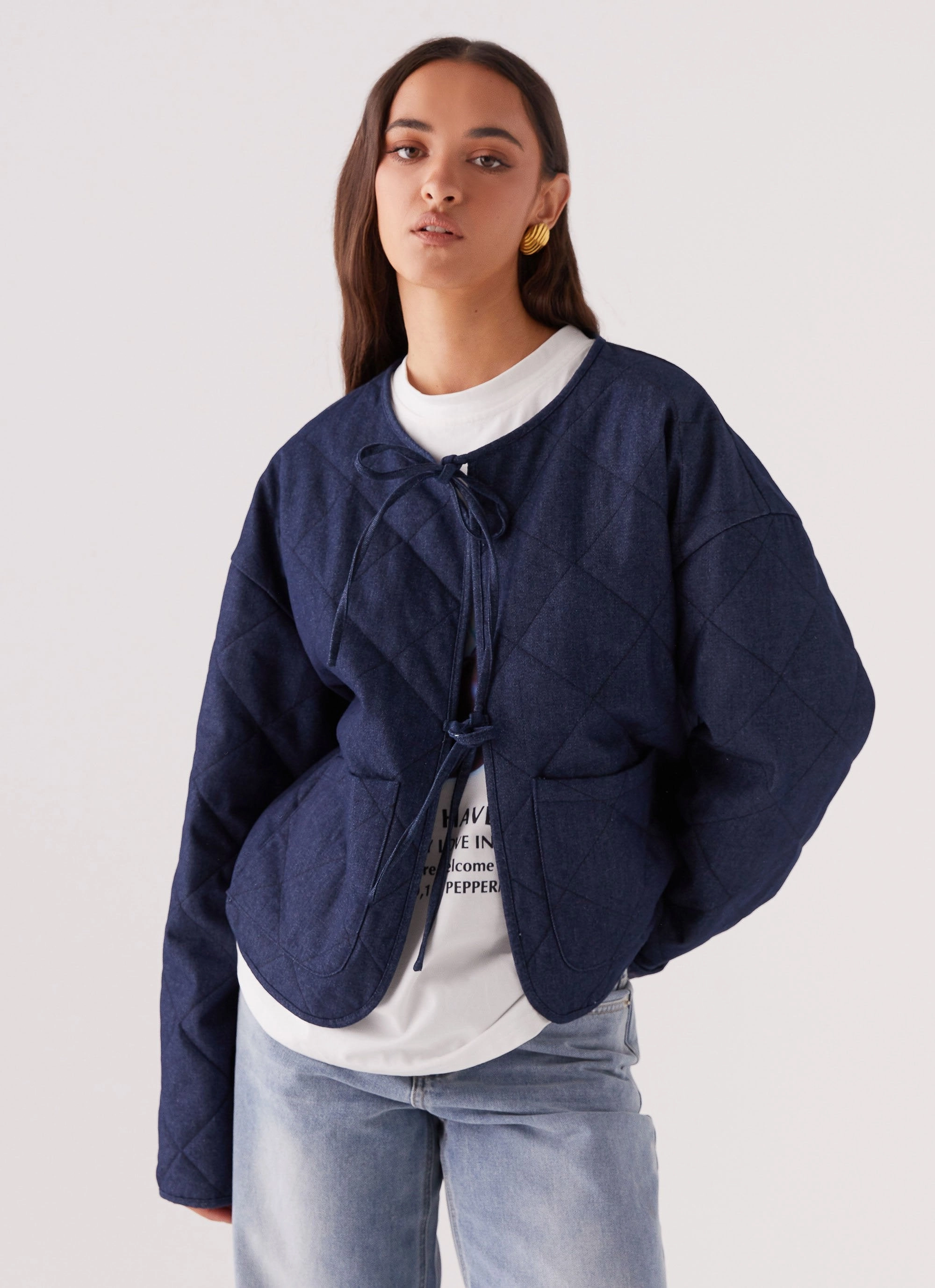 High Collar Structure Faded Fall Quilted Jacket - Vintage Blue Wash