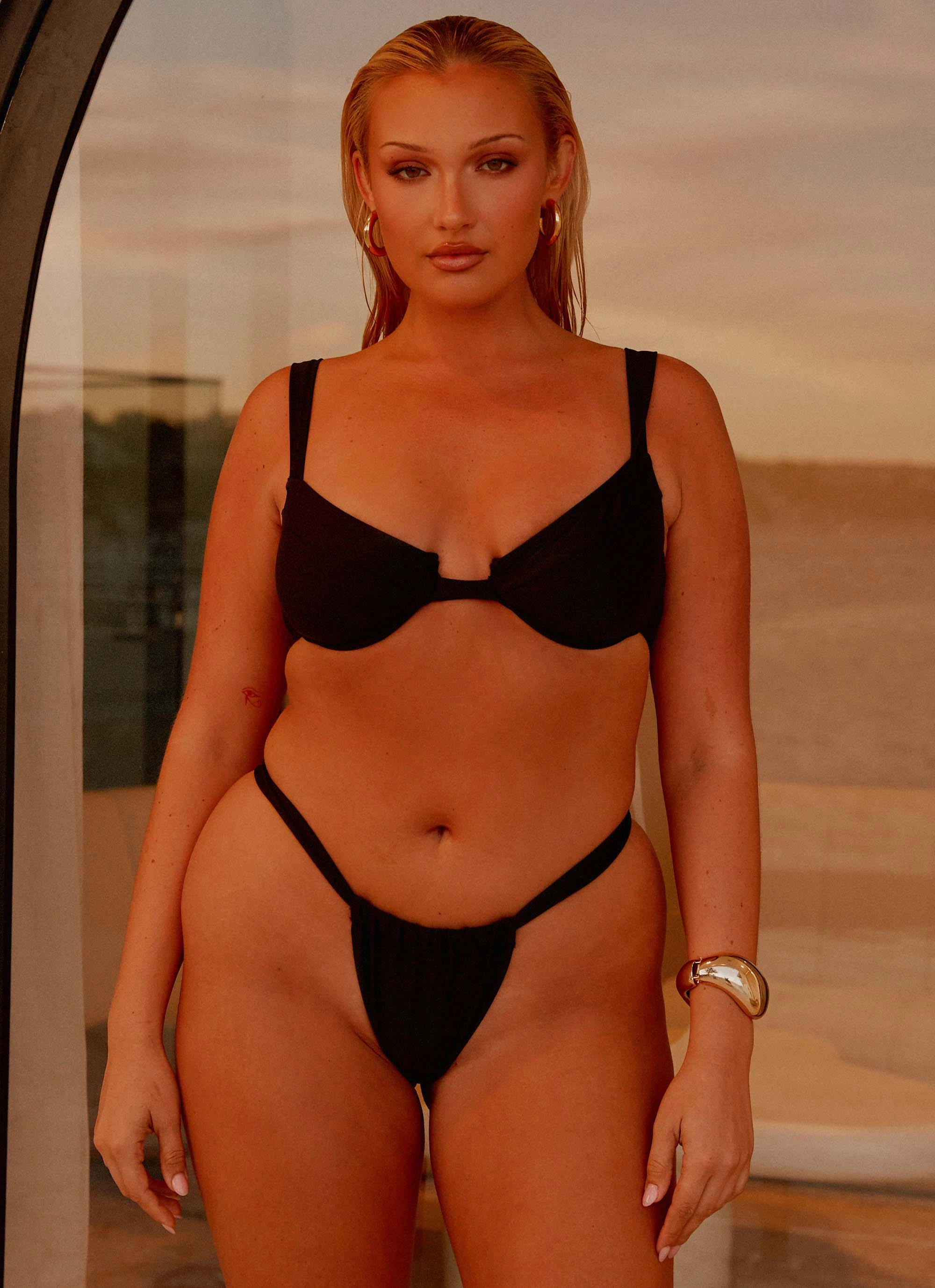 Airlie Scrunch Bikini Bottoms - Black Mesh-Panels Lace-Trim