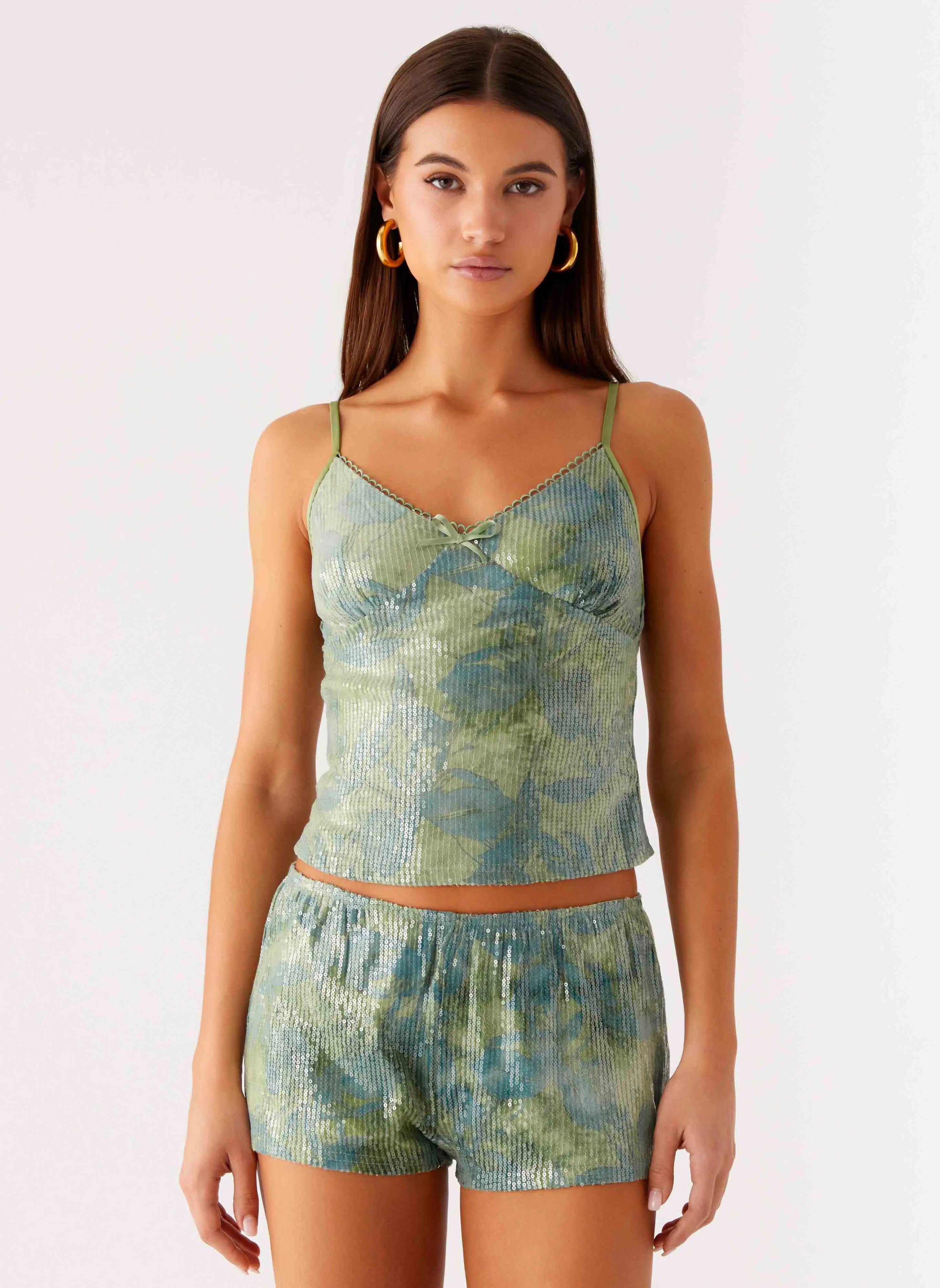 Ajean Sequin Cami Top - Lime Blood CroppedLength