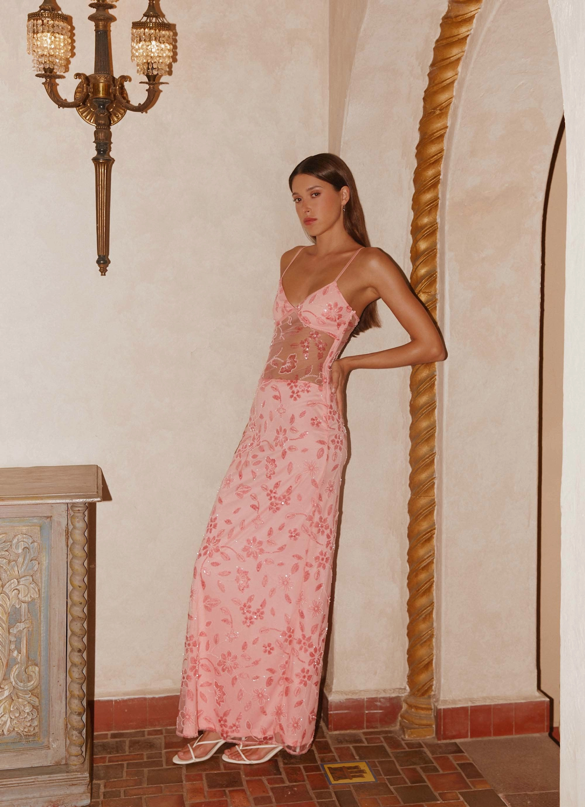 Akira Beaded Maxi Dress - Pink Orange Fall Fashion