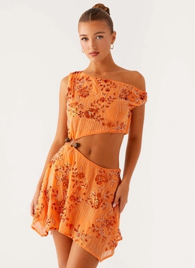 Aletta Sequin Mini Dress - Orange Fringe-Detail Side-Pocket