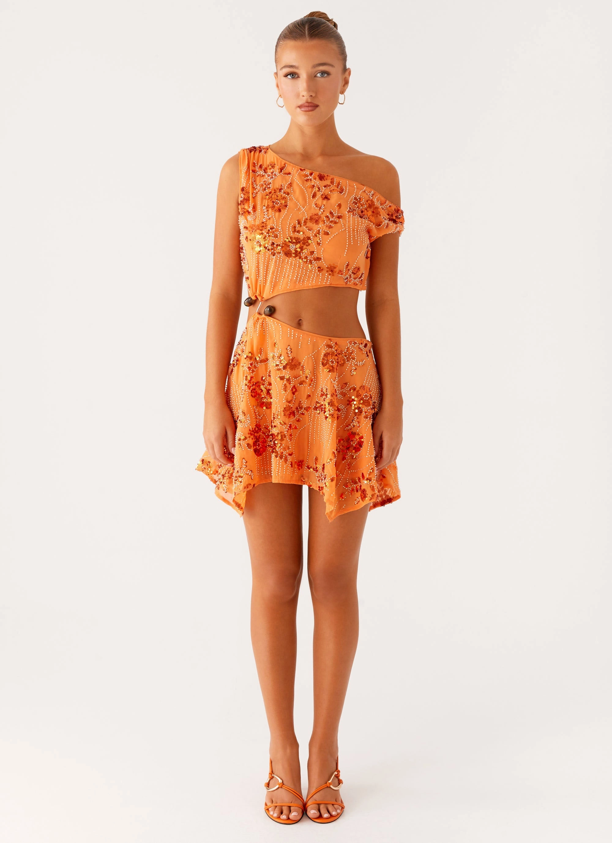Aletta Sequin Mini Dress - Orange Chic Waist Design