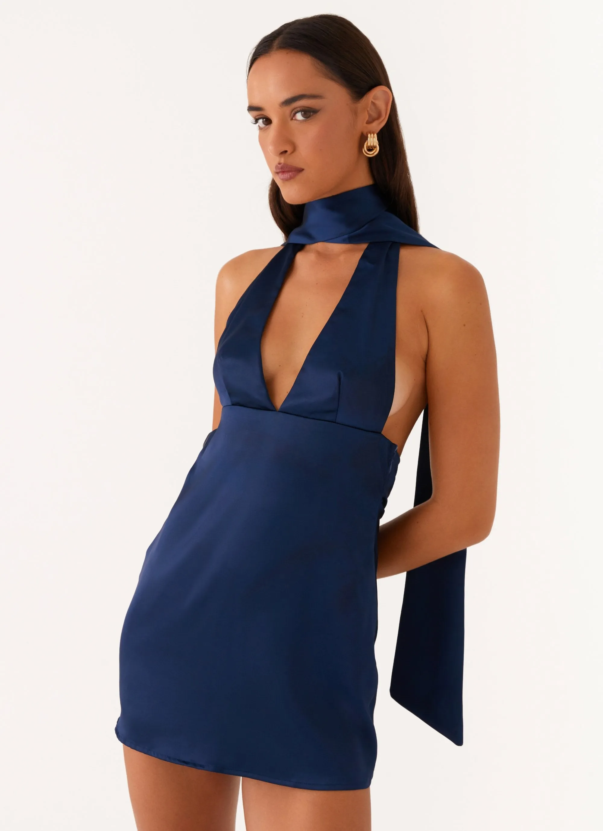 Tailored Silhouette Essential Wardrobe Alicia Satin Halter Mini Dress - Navy