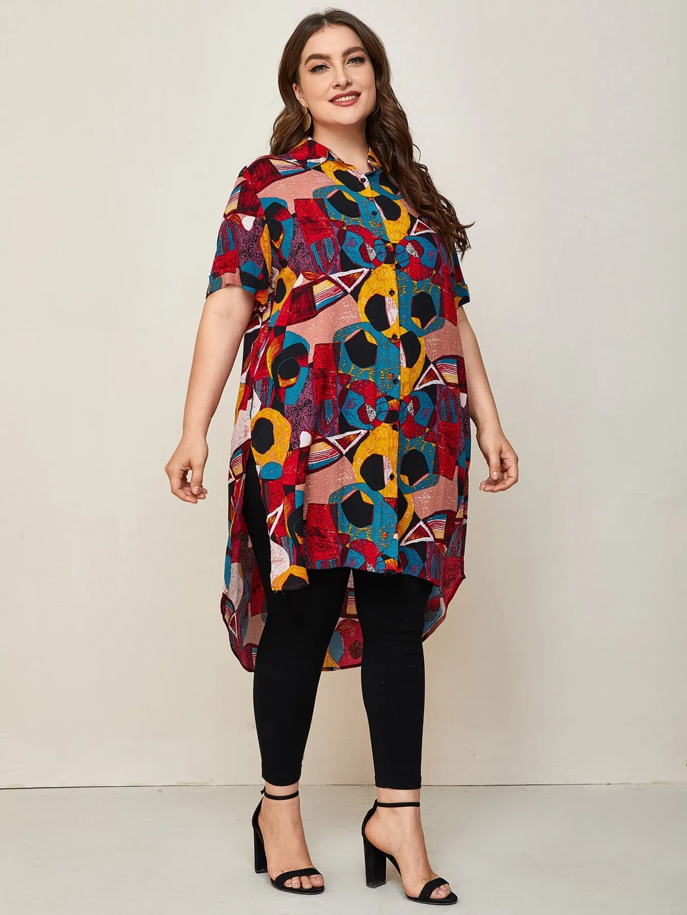 All Over Print Button Front Long Sleeve Collar Slit Long Plus Size Blouse