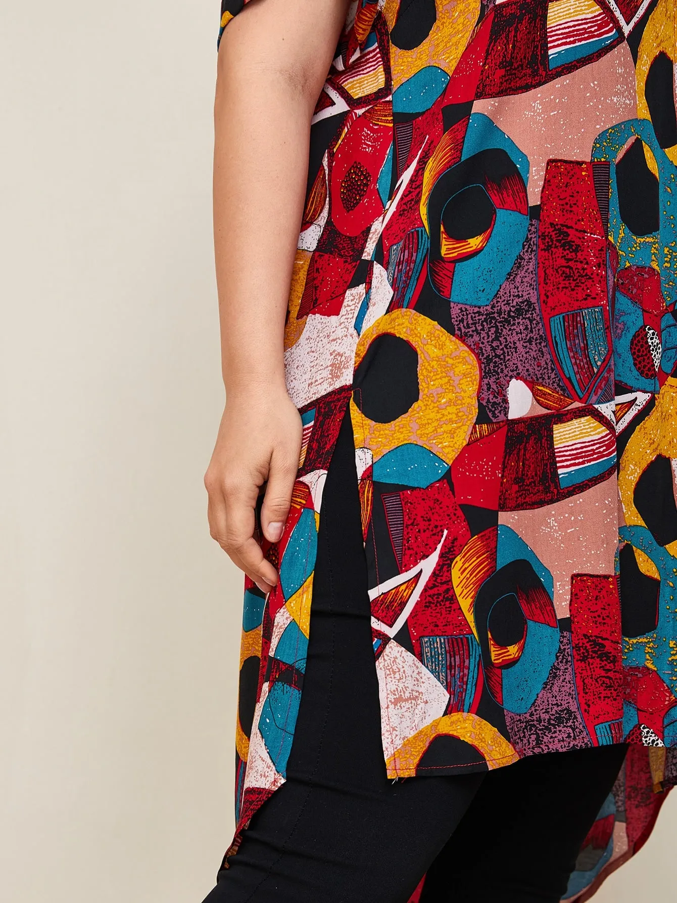 All Over Print Button Front Long Sleeve Collar Slit Long Plus Size Blouse