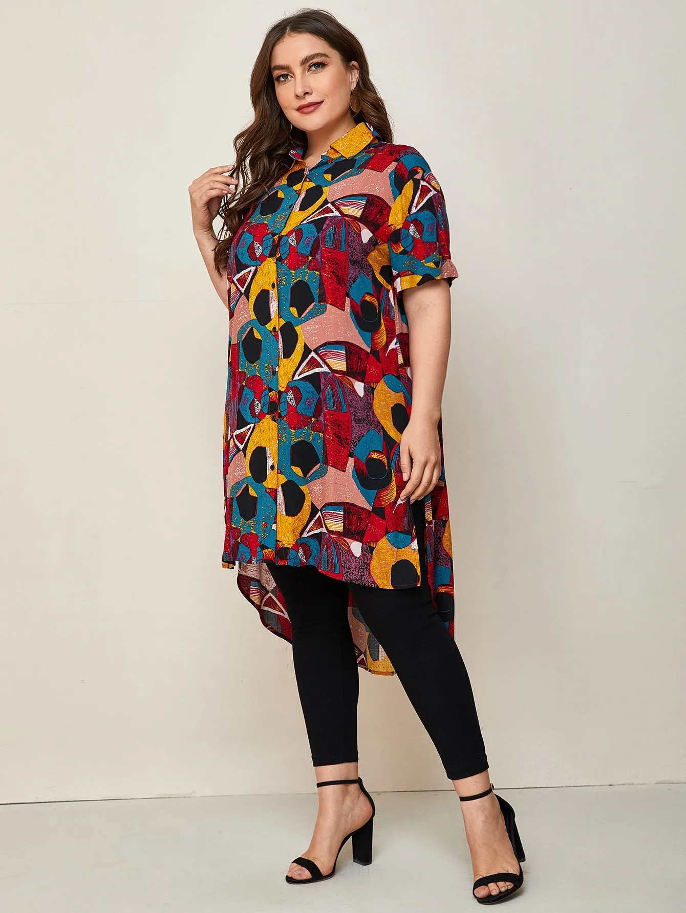 All Over Print Button Front Long Sleeve Collar Slit Long Plus Size Blouse