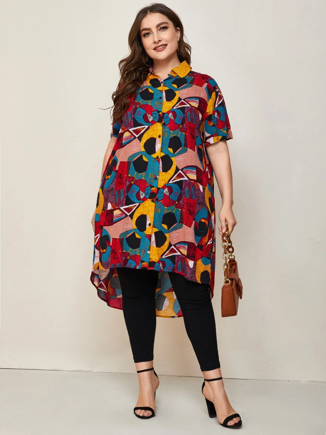 All Over Print Button Front Long Sleeve Collar Slit Long Plus Size Blouse