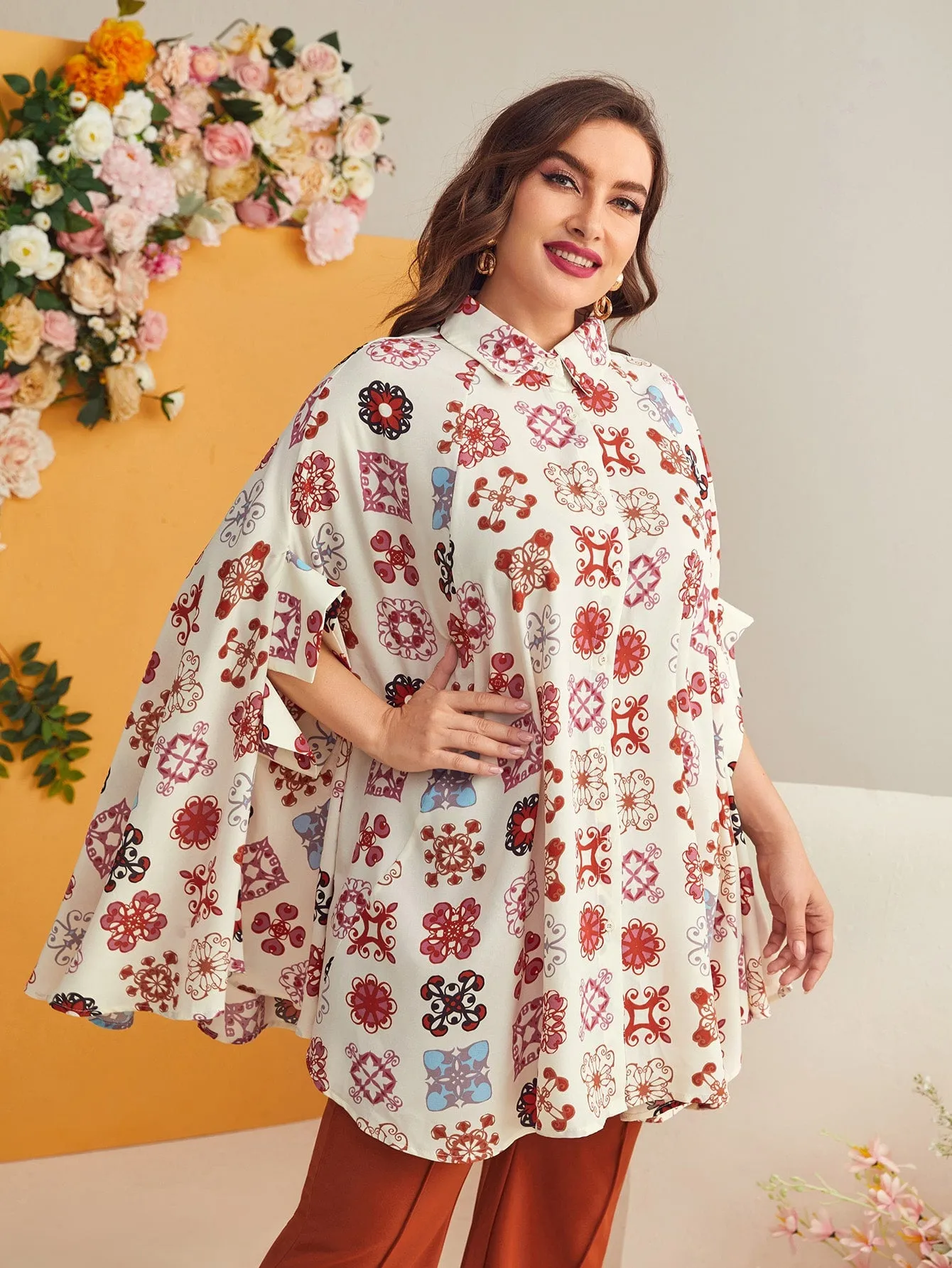 All Over Print Button Front Three Quarter Length Sleeve Collar Long Plus Size Blouse