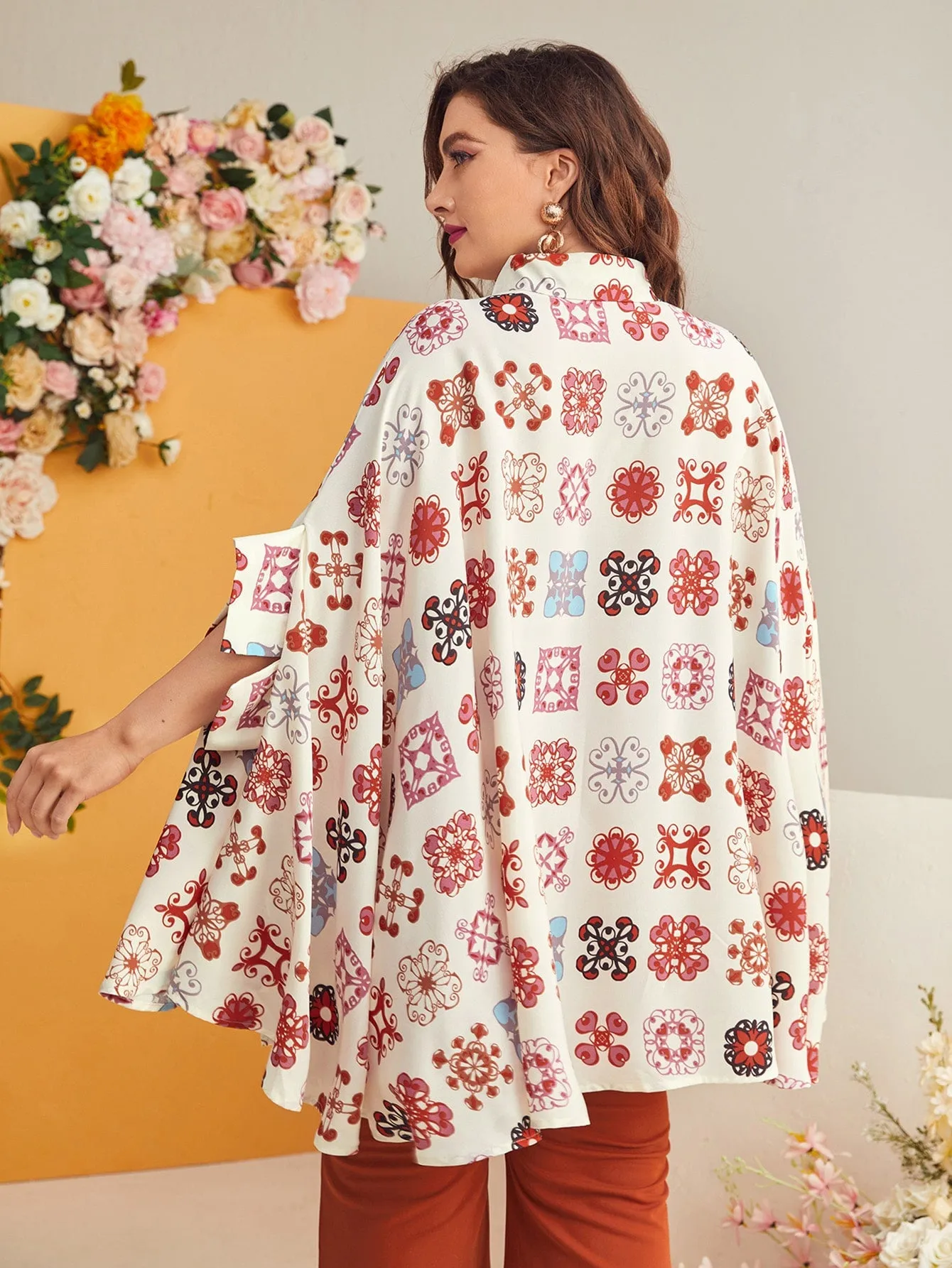 All Over Print Button Front Three Quarter Length Sleeve Collar Long Plus Size Blouse