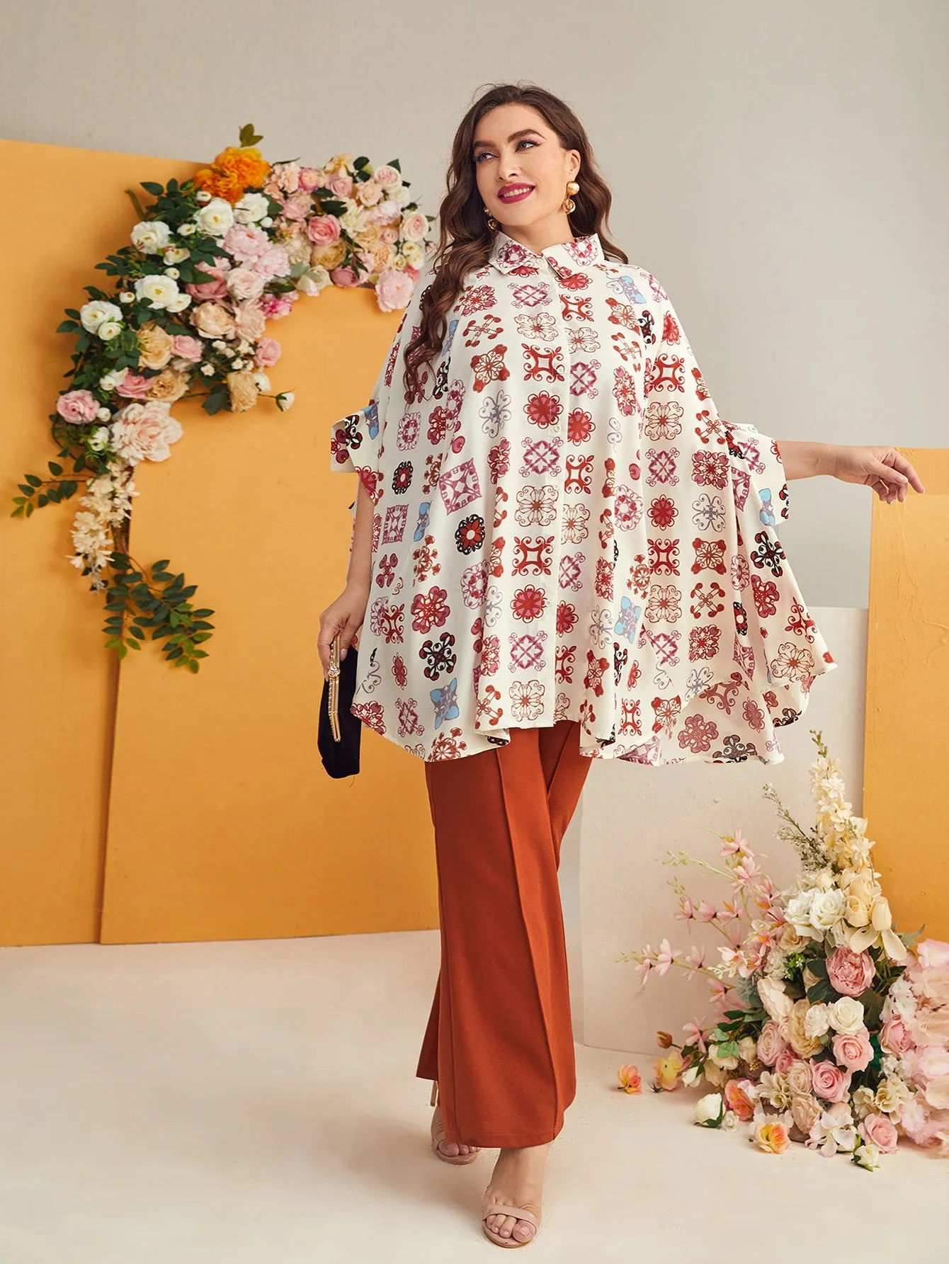 All Over Print Button Front Three Quarter Length Sleeve Collar Long Plus Size Blouse
