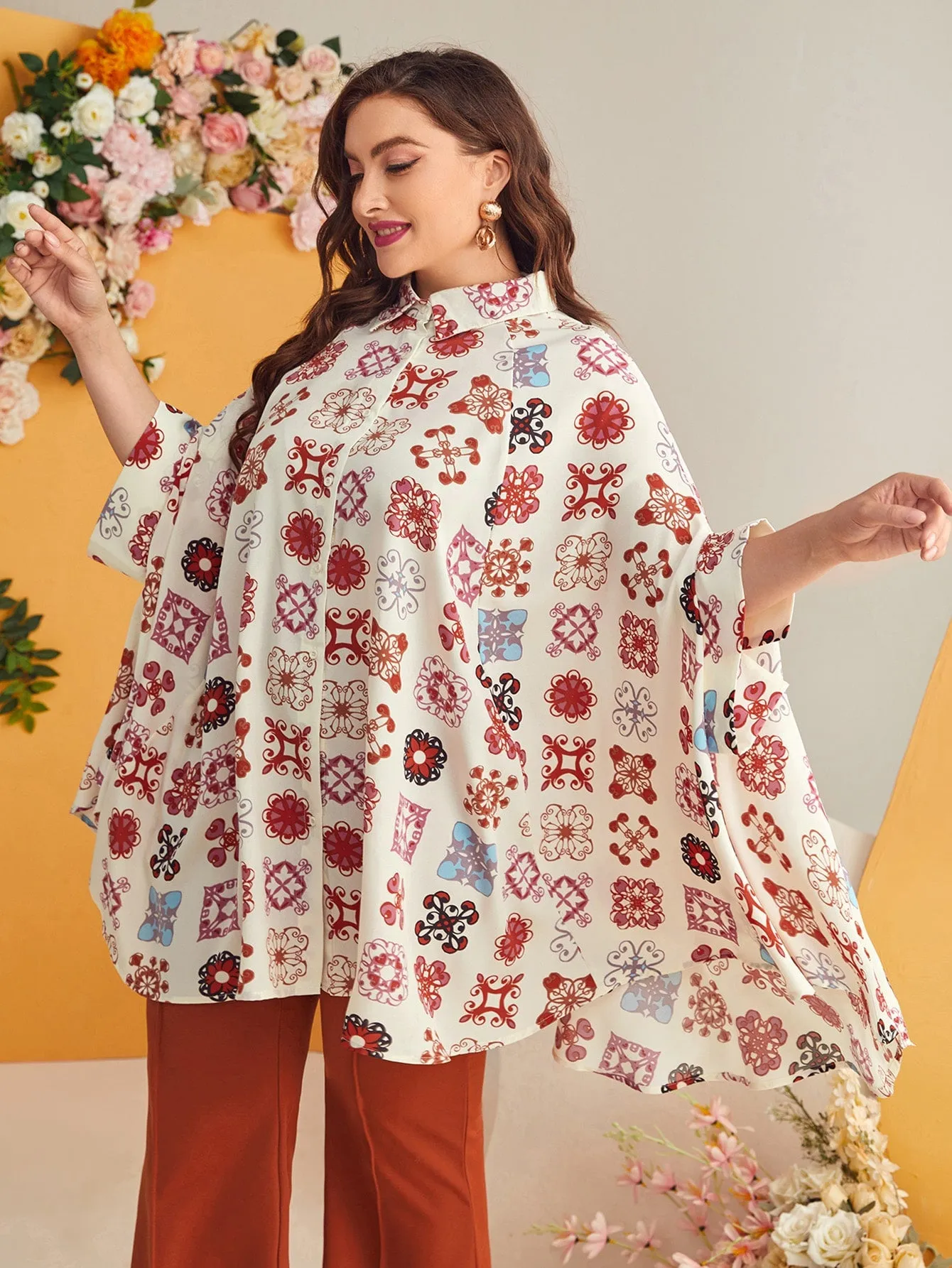 All Over Print Button Front Three Quarter Length Sleeve Collar Long Plus Size Blouse
