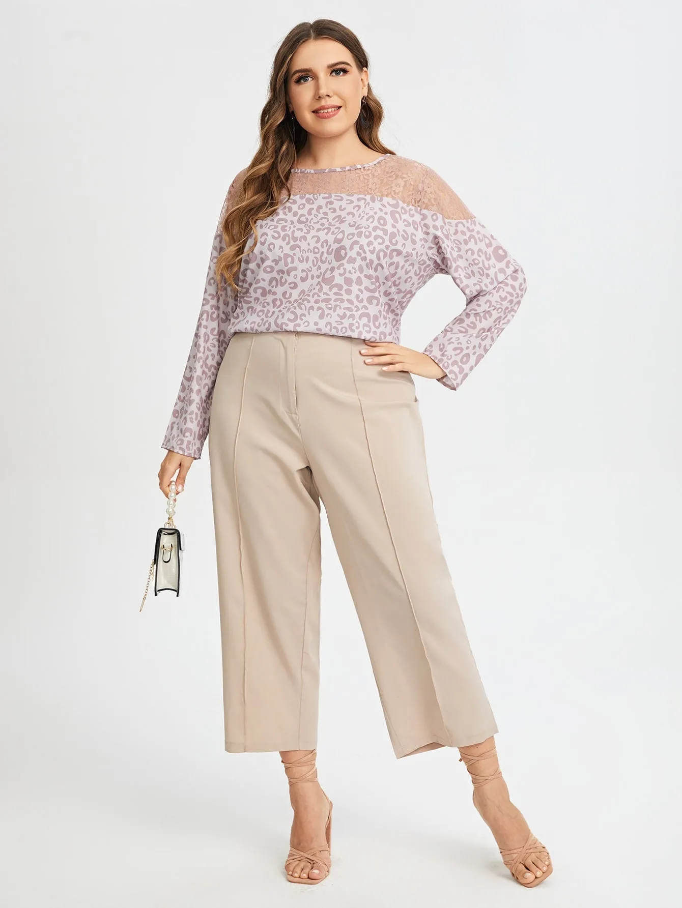 All Over Print Contrast Lace Long Sleeve Round Neck Regular Plus Size Blouse