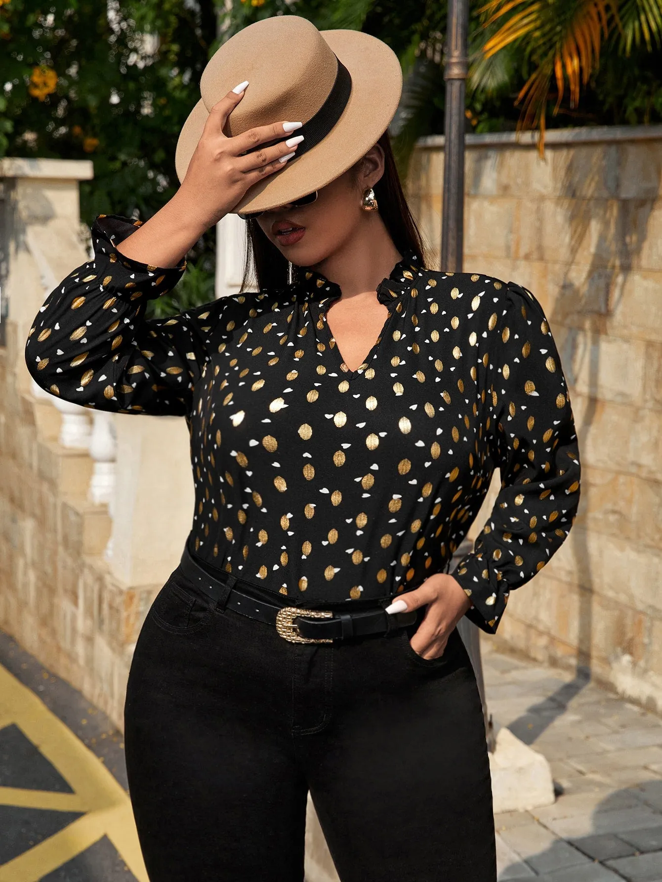 All Over Print Frill Long Sleeve Notched Regular Plus Size Blouse