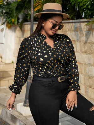 All Over Print Frill Long Sleeve Notched Regular Plus Size Blouse