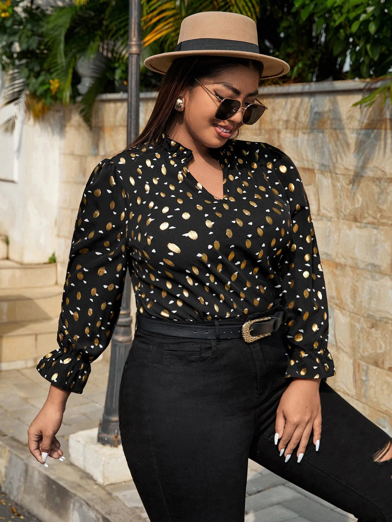 All Over Print Frill Long Sleeve Notched Regular Plus Size Blouse